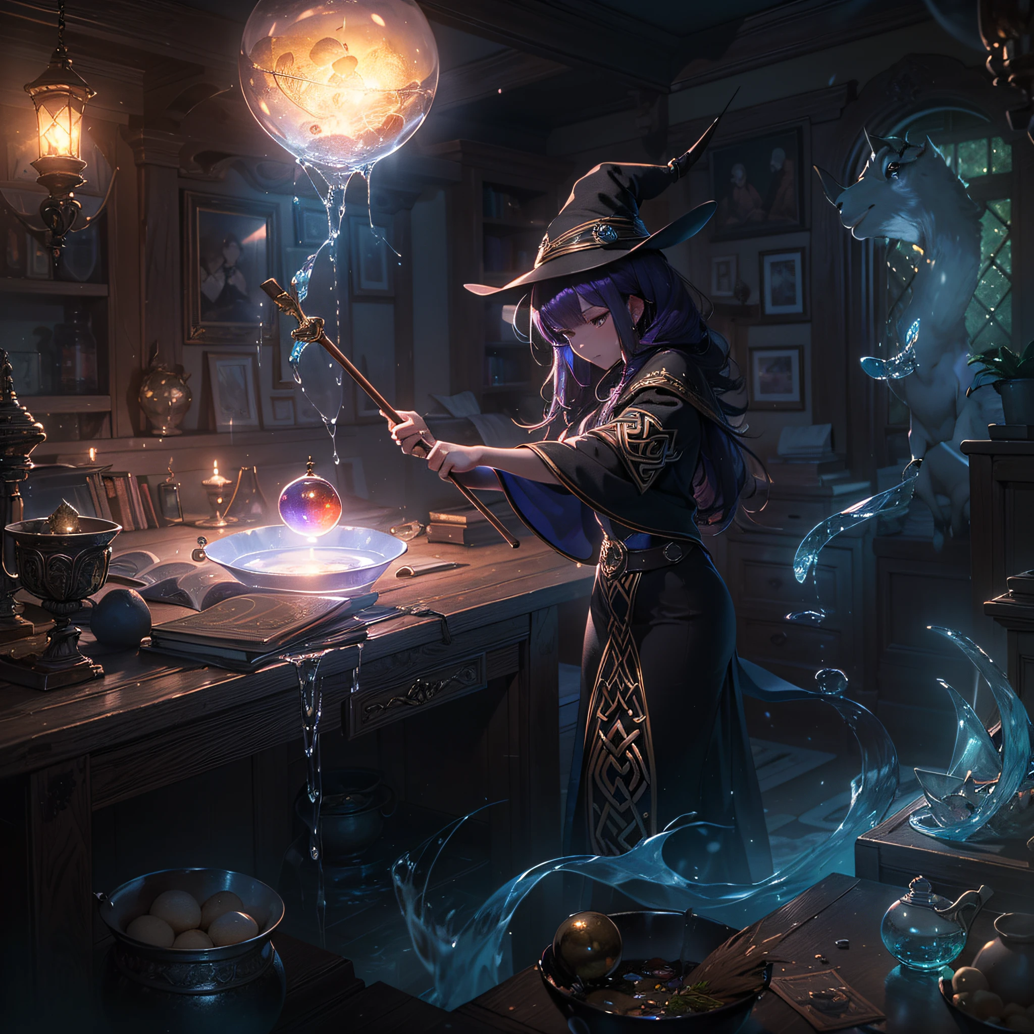 ((There is a large pot on the furnace in a dimly lit room.、A purple mushy liquid bubbles up inside the pot.、Sometimes the tail of a lizard can be seen from the liquid surface、Wizard woman in seductive sexy black dress wearing wizard black tricorn hat churning around in pot with stick))、((Water vapor is rising from the pot))、((Beside her, a suspiciously glowing spellbook opens and floats in the air.))、((The walls of the room are decorated with stuffed goat necks、A crystal ball is enshrined on the desk in the back.、Celtic letters shine brightly in the air))、Masterpiece、Highly detailed background，Realistic，ultra-detailliert，super detailed skin，light glow，Film grain，Expro II，Lens Flare，Sharpen，cinematic shadow