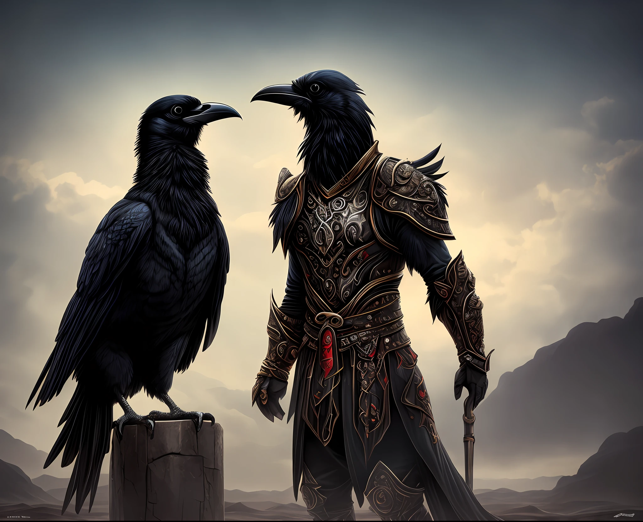 "A stylized raven in black Arabian warrior armor with red accents, ricamente detalhada, with an emphasis on the muscular shapes on display. He stands in a majestic pose in the center of a deserted setting, enquanto seus olhos foram tingidos de vermelho rubi."