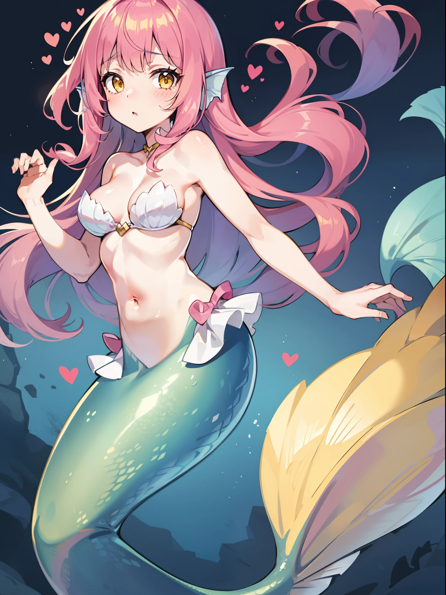 1girl,solo,mermaid,mermaid tail,scales,pink hairs,yellow eyes,