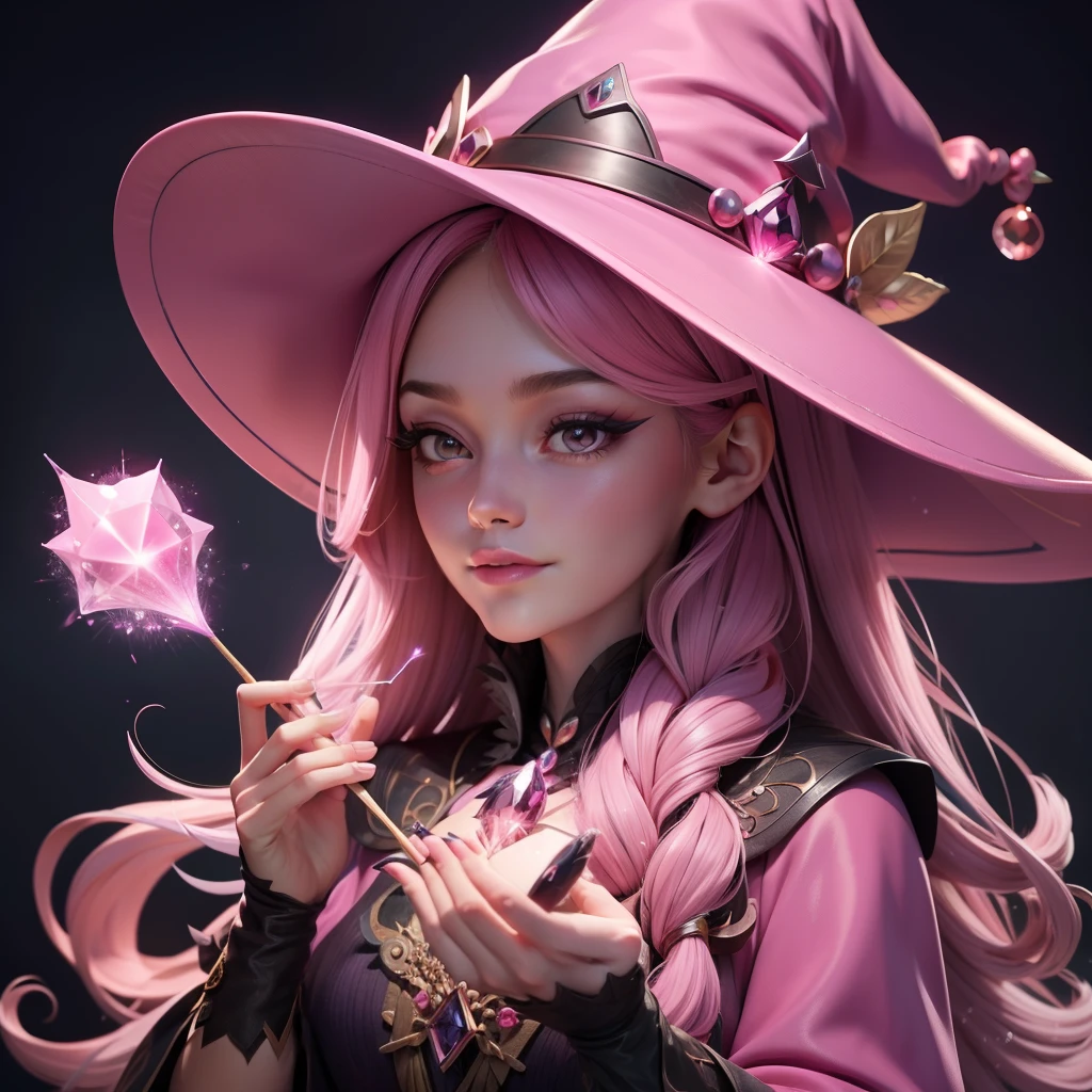 A beautiful witch 🧹 wearing a pink witch hat, making spells, sparkling pictures, sparkling simple make up, with long hair,