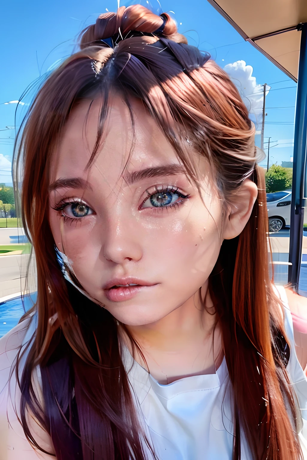 a close up of a woman with long hair and a white top, kawaii realistic portrait, realistic anime 3 d style, hyper realistic anime, photorealistic anime, realistic anime art style, realistic anime artstyle, anime realism style, realistic cute girl painting, anime realism, 3 d anime realistic, realistic young anime girl, photorealistic!!!!!!! art style, stunning anime face portrait, brown eyes, thick pink upper lips,