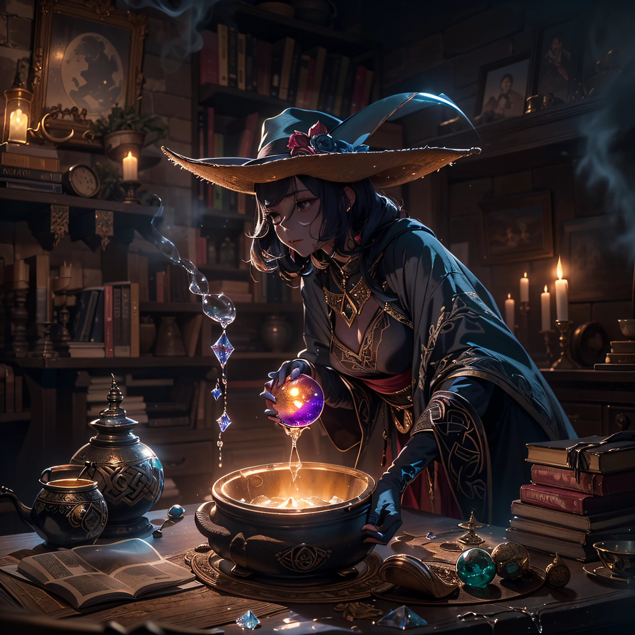 ((There is a large pot on the furnace in a dimly lit room.、A purple mushy liquid bubbles up inside the pot.、Sometimes the tail of a lizard can be seen from the liquid surface、Wizard woman in seductive sexy black dress wearing wizard black tricorn hat churning around in pot with stick))、((Water vapor is rising from the pot))、((Beside her, a suspiciously glowing spellbook opens and floats in the air.))、((The walls of the room are decorated with stuffed goat necks、A crystal ball is enshrined on the desk in the back.、Celtic letters shine brightly in the air))、Masterpiece、Highly detailed background,Realistic,ultra-detailliert,super detailed skin,light glow,Film grain,Expro II,Lens Flare,Sharpen,cinematic shadow