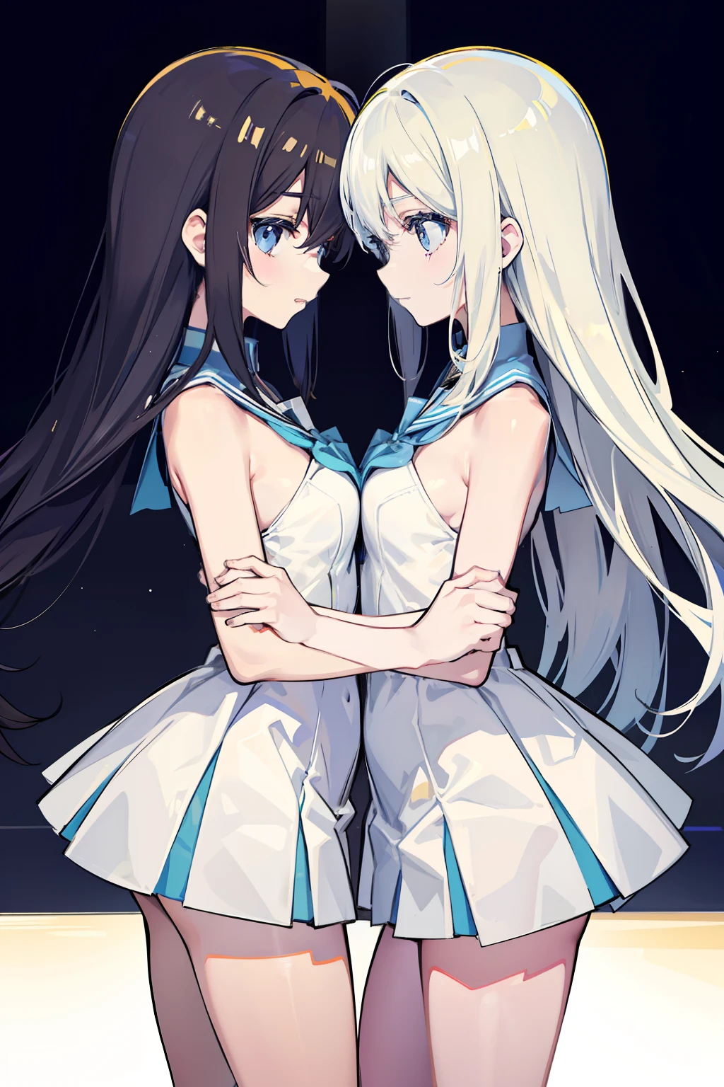 Two age girls,standing on your feet,in class room,full bodyesbian,White and gold,Hold each other,The two bodies are close together,Face to face