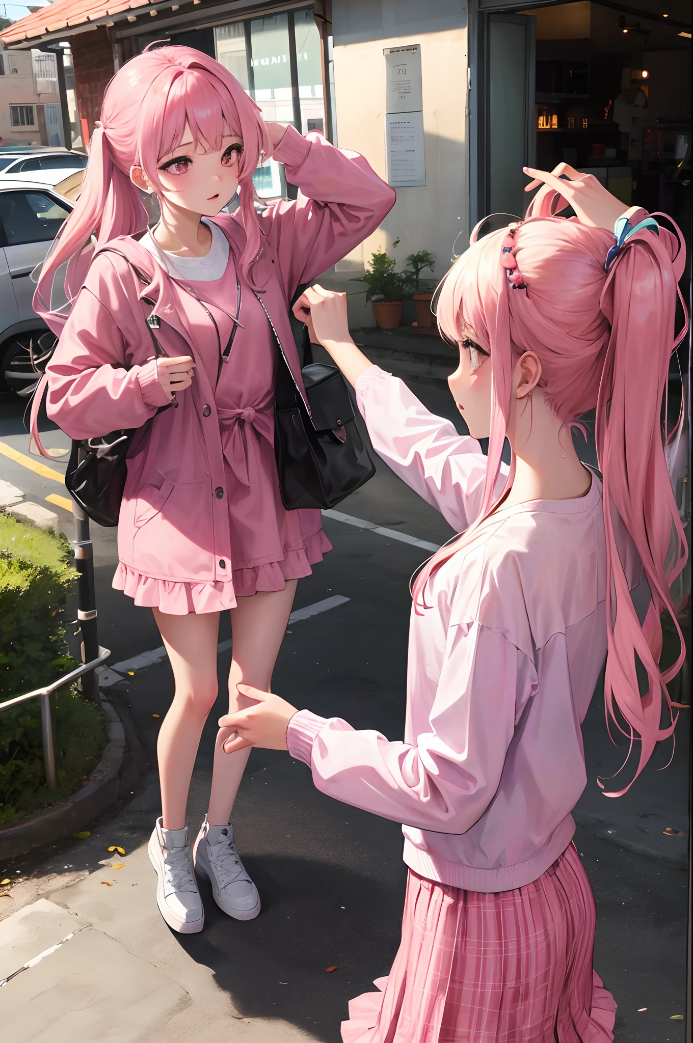 Kizi，Pink clothes，Stroke your hair with your hand