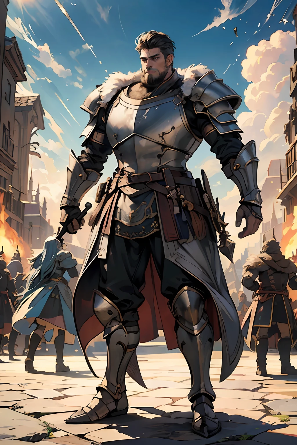 Game character standing drawing design，Disney animation，style of disney animation，an heavyknight，Quaint and heavy armor，Fur shoulders，Stout limbs，Muscle explosions，Equipped with huge riding guns，Different layers overlay，Different angles，（Left view full body：1.4），solid color backdrop，clean backdrop，depth of fields，high light，Real light，Ray traching，OC renderer，UE5 renderer，Hyper-realistic，best qualtiy，8K，Works of masters，super-fine，Detailed pubic hair，Correct anatomy，