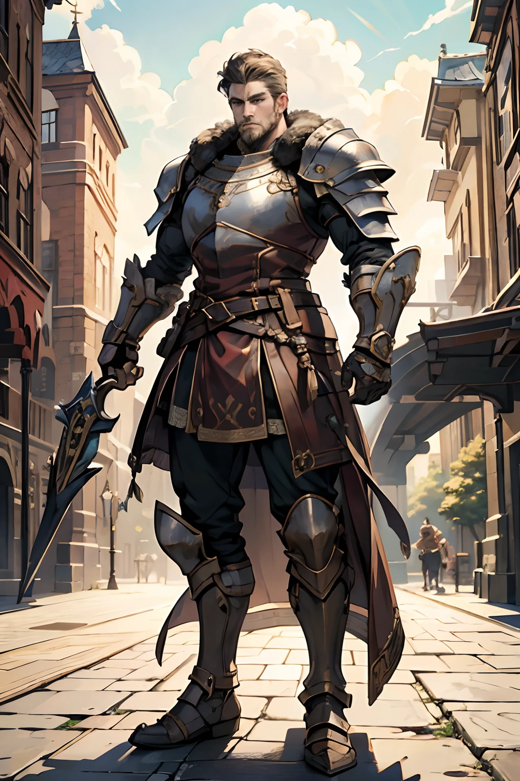 Game character standing drawing design,Disney animation,style of disney animation,an heavyknight,Quaint and heavy armor,Fur shoulders,Stout limbs,Muscle explosions,Equipped with huge riding guns,Different layers overlay,Different angles,(Left view full body:1.4),solid color backdrop,clean backdrop,depth of fields,high light,Real light,Ray traching,OC renderer,UE5 renderer,Hyper-realistic,best qualtiy,8K,Works of masters,super-fine,Detailed pubic hair,Correct ???????,