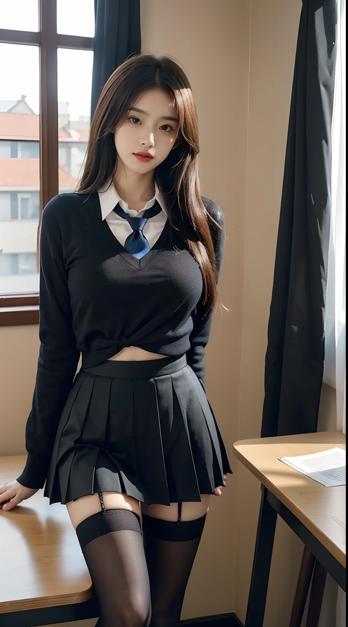 best qualtiy, tmasterpiece, A high resolution,8K,(realisticlying:1.4),超A high resolution,1girll, ultra - detailed, hyper realisitc, highly detailed CGillustration, offcial art, cinematric light, Realistis, Young and beautiful girl, perfect body figure, perfect body figure, full pov, Perfect body, (Starting below:1.3), lewd poses, long sexy legs, Hosiery,self-assured, Beautiful Sexy, student school uniform,a blue tie,Bow knot, A-line cropped pleated skirt,Kurfo, S-shaped body, Upturned buttocks,posing on a,Pose,Different Perspectives