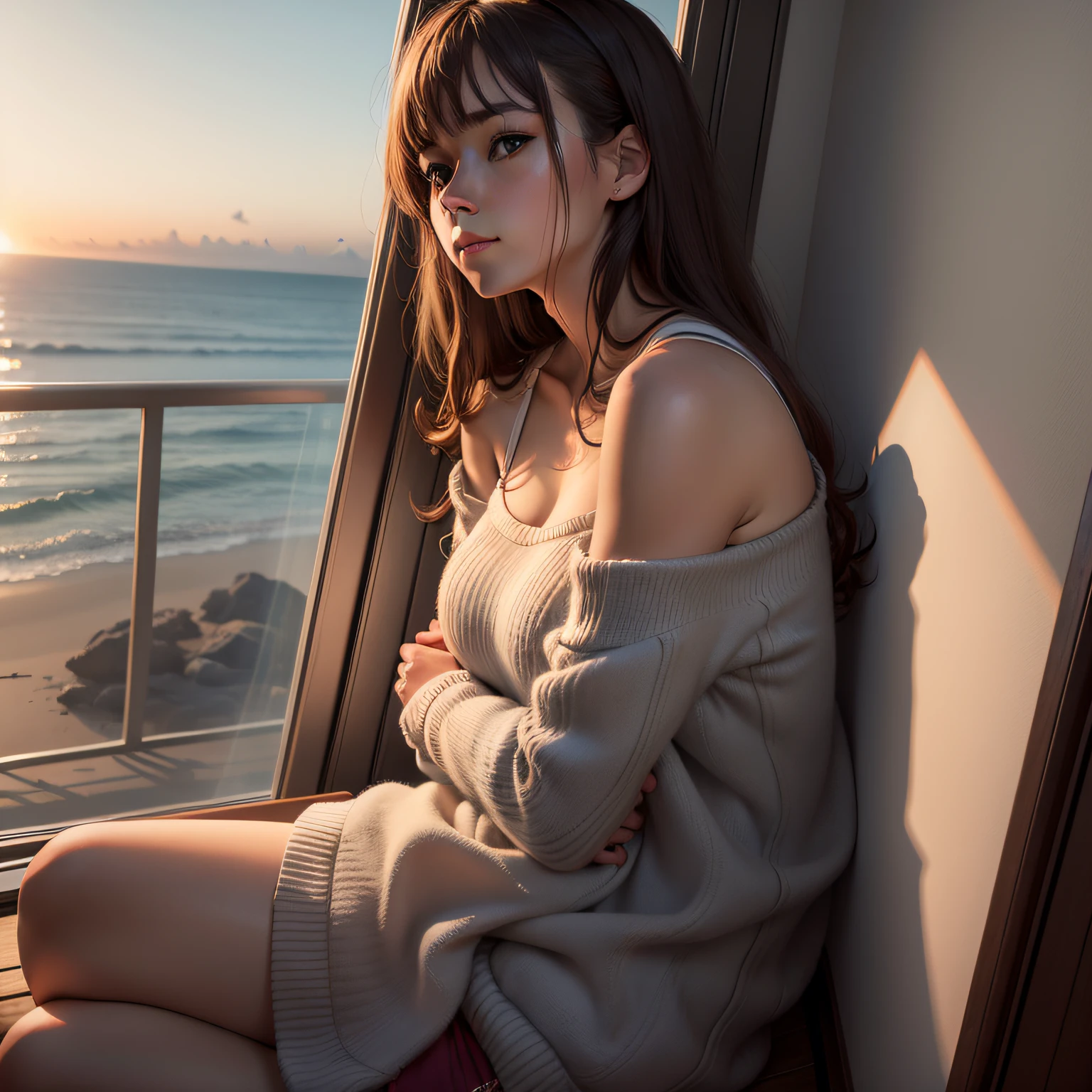 woman sitting in a corner, looking at the horizon. A relaxed posture, with shoulders slumped and arms hanging at your sides