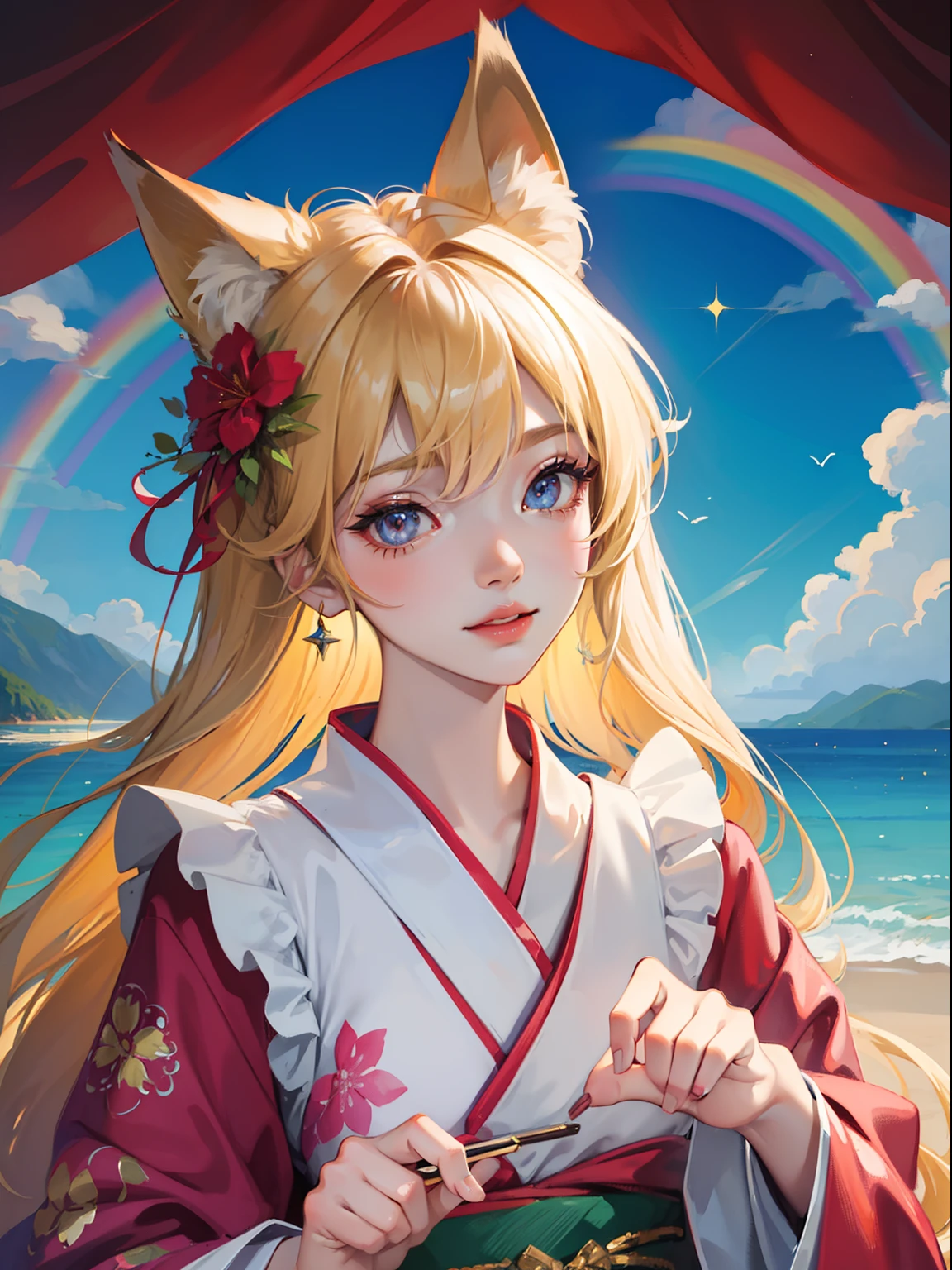 masutepiece, High resolution, 8K, anime woman, Delicate and detailed writing 、Detailed digital illustration、Very long hair and shiny、a very beautiful woman、Eyes are double, Large, Slender eyes、Bust is D cup、High image quality, High quality、Detailed background、I'm wearing a hair ornament.、Glittering background、The inside of the eye shines like a diamond、4 fingers, 1 thumb、Detailed female face、Smile、Very beautiful and cute woman、a blond、wearing red kimono、Cool Woman、Fox ears、Rainbow on background、细致背景、masterpiece、Soft Focus , Bright gradient watercolor , Lens Flare , Glitter , Glow , Dreamy , Very clear and beautiful morning sky background