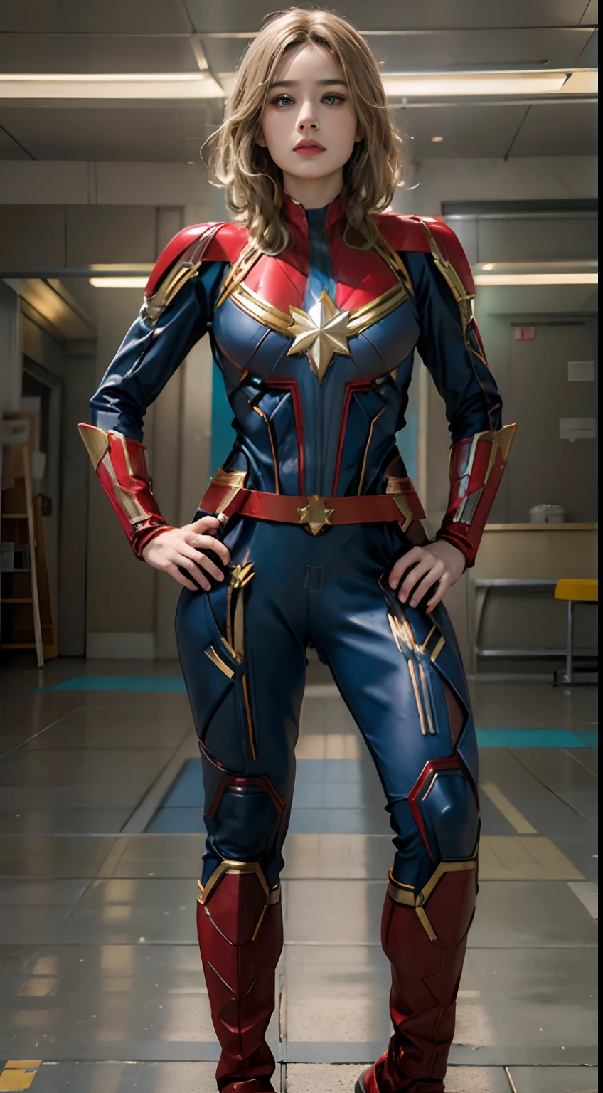 (8k, RAW photos, highest quality, masterpiece: 1.7). (Realistic, Photorealistic: 1.9). Perfect picture of brie larson as captain marvel, standing in a beautiful pose,