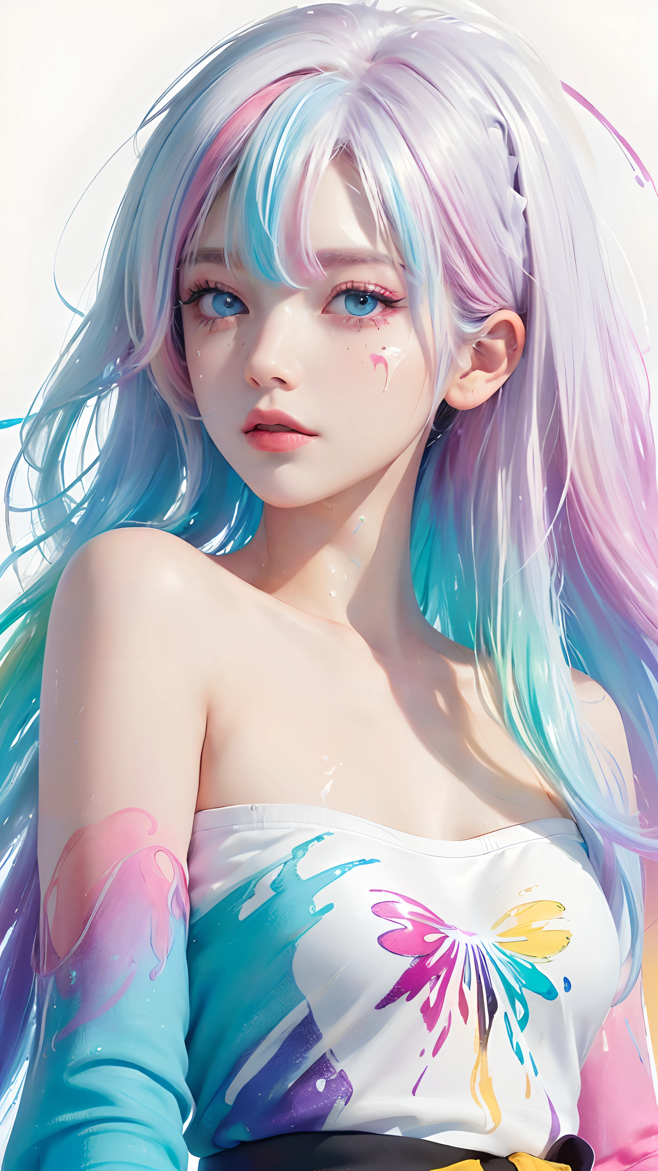 (Pink fashion T-shirt:1.9),(Hair color: 1.8), (all colors of the rainbow: 1.8),(((((vertical Draw oneing:1.6))), (Draw oneing:1.6),street frontage, 漫Draw one, Lightings, Draw oneings, largeeyes, crystal clear eyes,( rainbow color gradient high ponytail:1.7), Delicatemakeup, shut up,(Small Fresh: 1.5),(humongous large breast: 1.6) ,Long eyelashes, white off-the-bshoulders T-shirt, white-bshoulders shirt,looking at viewert, 水汪汪的largeeyes, (Rainbow-colored hair:1.6), 色彩飞splash, (Alone:1.8), 色彩飞splash, Color explosion, thick Draw one style, Messy lines, ((Shiny)),(Colorful), (Colorful), (Colorful), Colorful, Thick Draw one Style, (splash) (Color splash), Vertical Draw oneing, Upper part of the body, Draw one splash, Acrylic Pigment, slope, Draw one, Highest image quality, Best quality at best, tmasterpiece, Alone, depth of fields, Face Draw one, Colorful clothes, (Elegant: 1.2), gorgeous one,Long gray hair, ventania, (Elegant: 1.etal: 1.4),(((tmasterpiece))),(((Best quality at best))),((ultra - detailed)),(Lighting),(dynamic angle),((floating)),(Draw one),((ldisheveled hair)),(Alone),(1 girl) , (((Detailed faceeautiful detailed face)),collars,bshoulders,White hair, ((Colorful hair)),((Striped hair)),beautidful eyes,(slope color eyes),(((Colorful eyes))),(((Colorful background))),(((high saturated))),(((surrounded by Colorful splashes))),