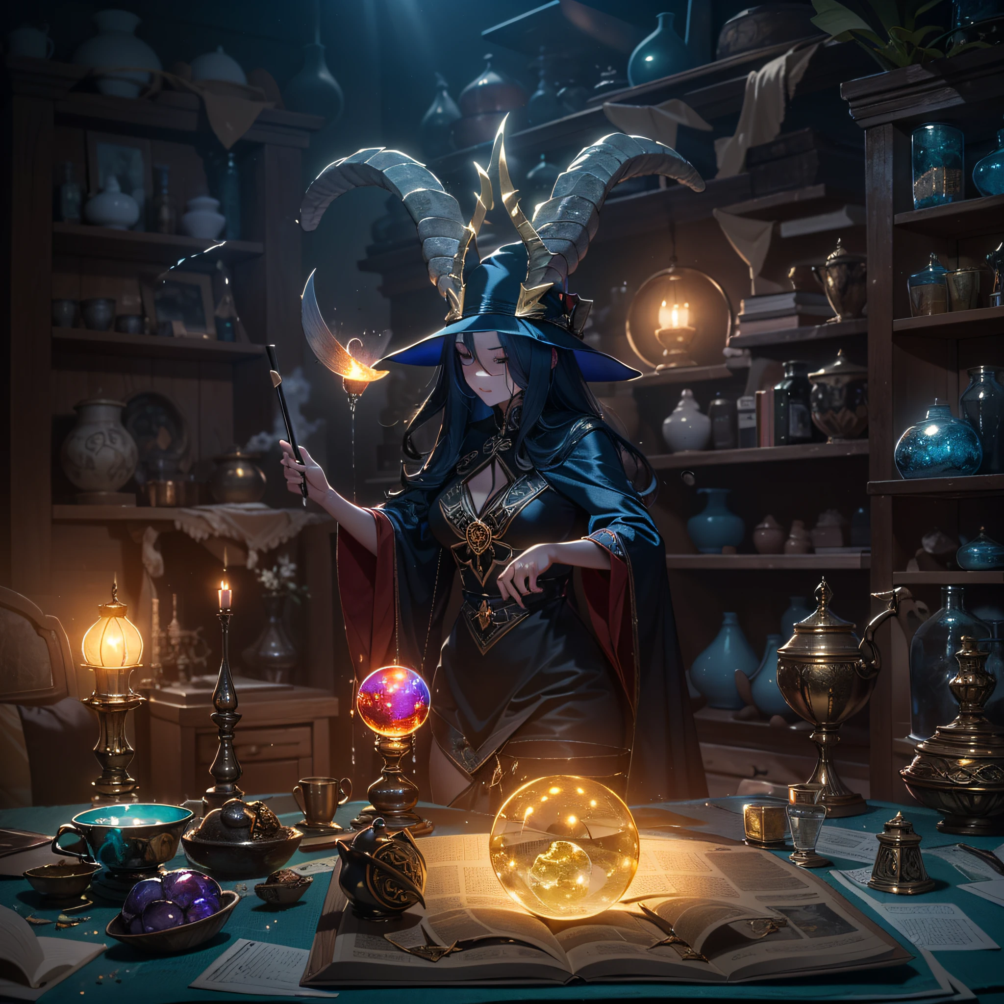 ((There is a large pot on the furnace in a dimly lit room.、A purple mushy liquid bubbles up inside the pot.、Sometimes the tail of a lizard can be seen from the liquid surface、Wizard woman in seductive sexy black dress wearing wizard black tricorn hat churning around in pot with stick))、((Water vapor is rising from the pot))、((Beside her, a suspiciously glowing spellbook opens and floats in the air.))、((The walls of the room are decorated with stuffed goat necks、A crystal ball is enshrined on the desk in the back.、Celtic letters shine brightly in the air))、Masterpiece、Highly detailed background,Realistic,ultra-detailliert,super detailed skin,light glow,Film grain,Expro II,Lens Flare,Sharpen,cinematic shadow