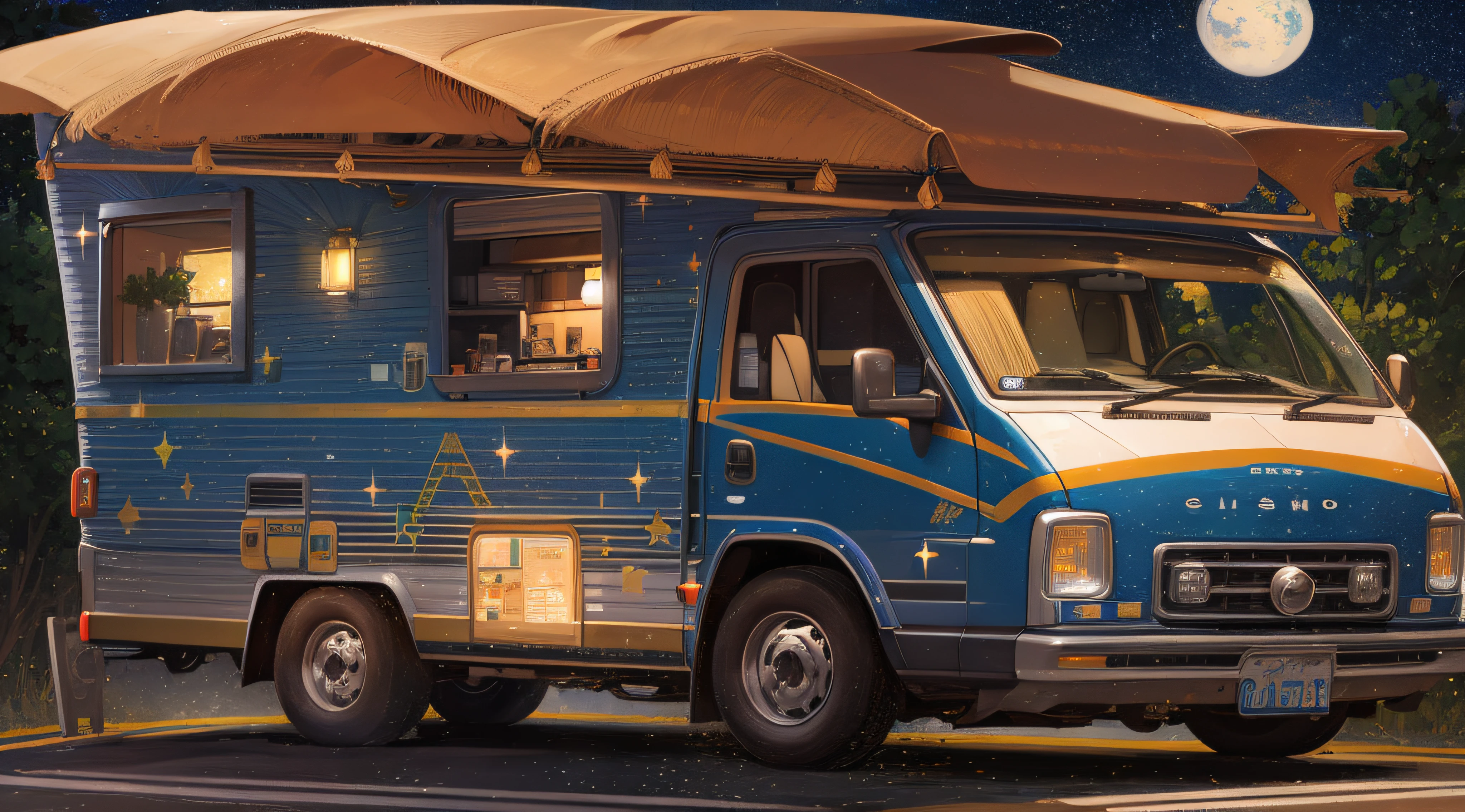Viagem Sob as Estrelas em Ohio, A starry night lights up the scenery as a classic motorhome drives along an Ohio state highway. A tranquilidade impera, and the vehicle's soft lights illuminate the road ahead of it, evoking the charm of a cinematic scene. The brightness of the stars adorns the sky, guiando a jornada do motorhome. The atmosphere is one of serenity and adventure, enquanto a estrada se desenrola como uma fita de sonhos sob a luz da lua