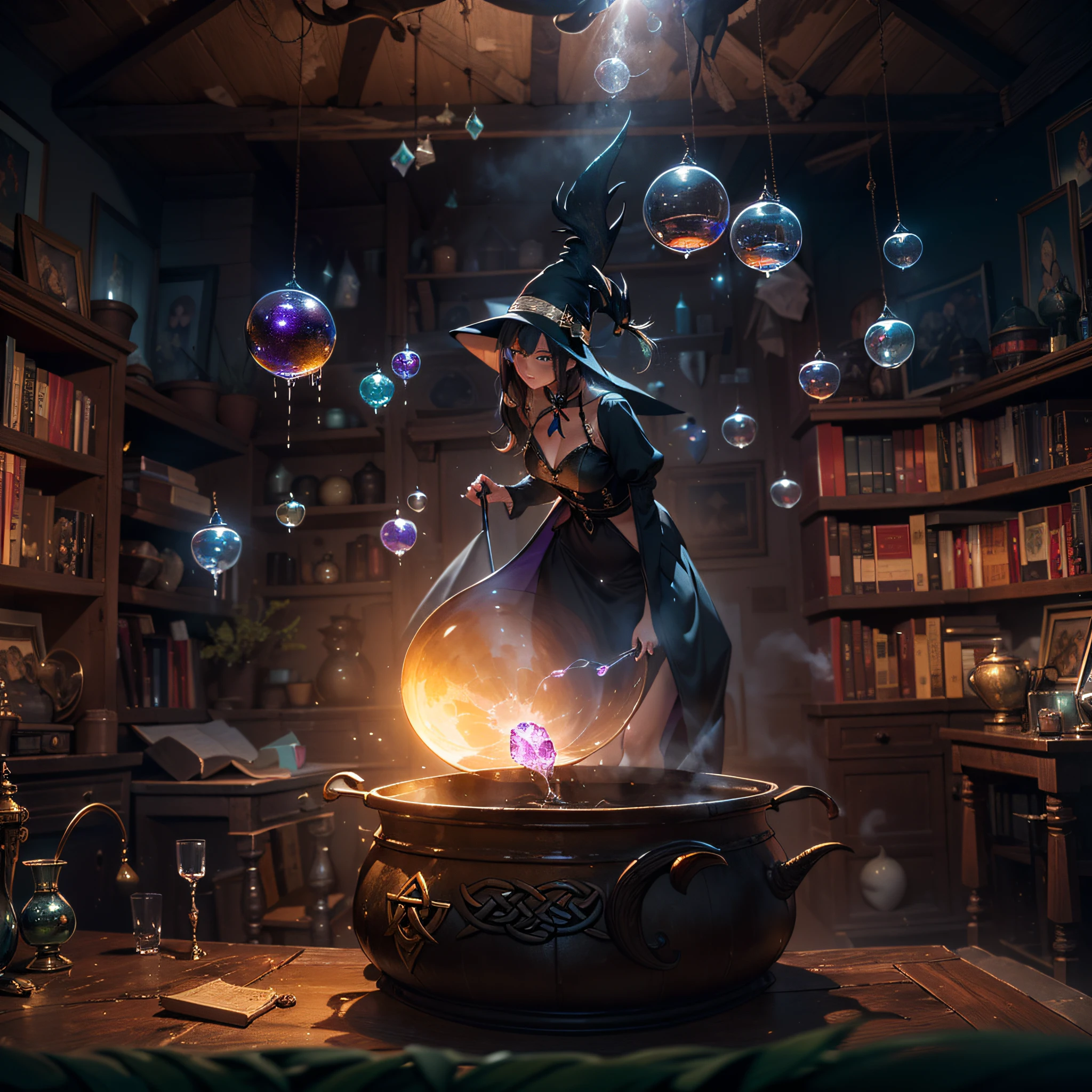 ((There is a large pot on the furnace in a dimly lit room.、A purple mushy liquid bubbles up inside the pot.、Sometimes the tail of a lizard can be seen from the liquid surface、Wizard woman in seductive sexy black dress wearing wizard black tricorn hat churning around in pot with stick))、((Water vapor is rising from the pot))、((Beside her, a suspiciously glowing spellbook opens and floats in the air.))、((The walls of the room are decorated with stuffed goat necks、A crystal ball is enshrined on the desk in the back.、Celtic letters shine brightly in the air))、Masterpiece、Highly detailed background，Realistic，ultra-detailliert，super detailed skin，light glow，Film grain，Expro II，Lens Flare，Sharpen，cinematic shadow