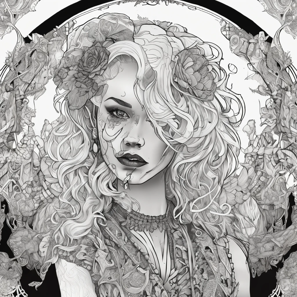 The centering trait of the white-haired female zombie, Shabby clothing, Black and white, zentangle (Best quality) Ultra-detailed, Fine line drawing, fine line art, Picture book illustration style, Intricate linework, Highly detailed illustration, Perfectcomposition, Beautiful and stunning, Dynamic Angle, High contrast, Incredible shadows, Incredible detail, Unique style, Black and white details, (Dark and mysterious atmosphere), Complex and detailed natural elements.