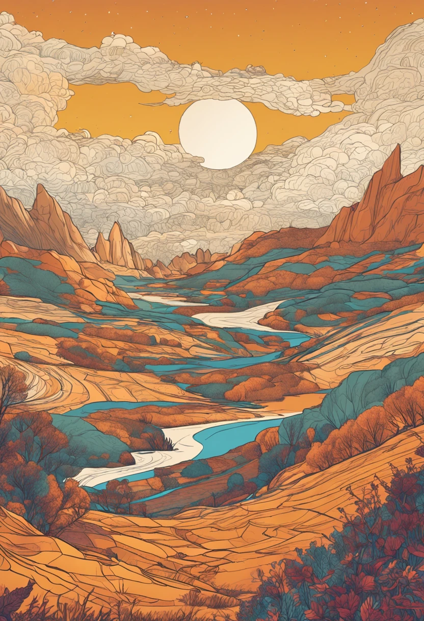 weite landschaft lichtdurchflutet moebius style