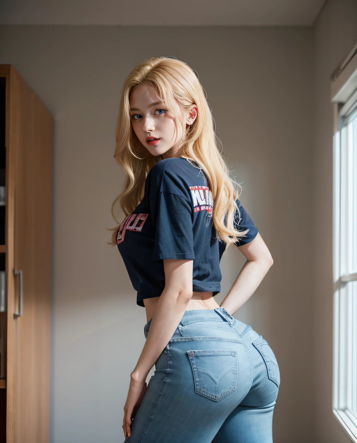 1girl, (Blue Eyes), laughing, (Sana Minatozaki), wide hips, Big Boobs, big ass, (Best Quality, 8k, Masterpiece: 1.3), Clear Focus: 1.2, Perfect Body Beauty: 1.4, Slender Abs: 1.2, Highly detailed face and skin texture, detailed eyes, double eyelids, red lips (long blonde hair), (low view at ass), (t-shirt), (skinny jeans), inclined showing ass