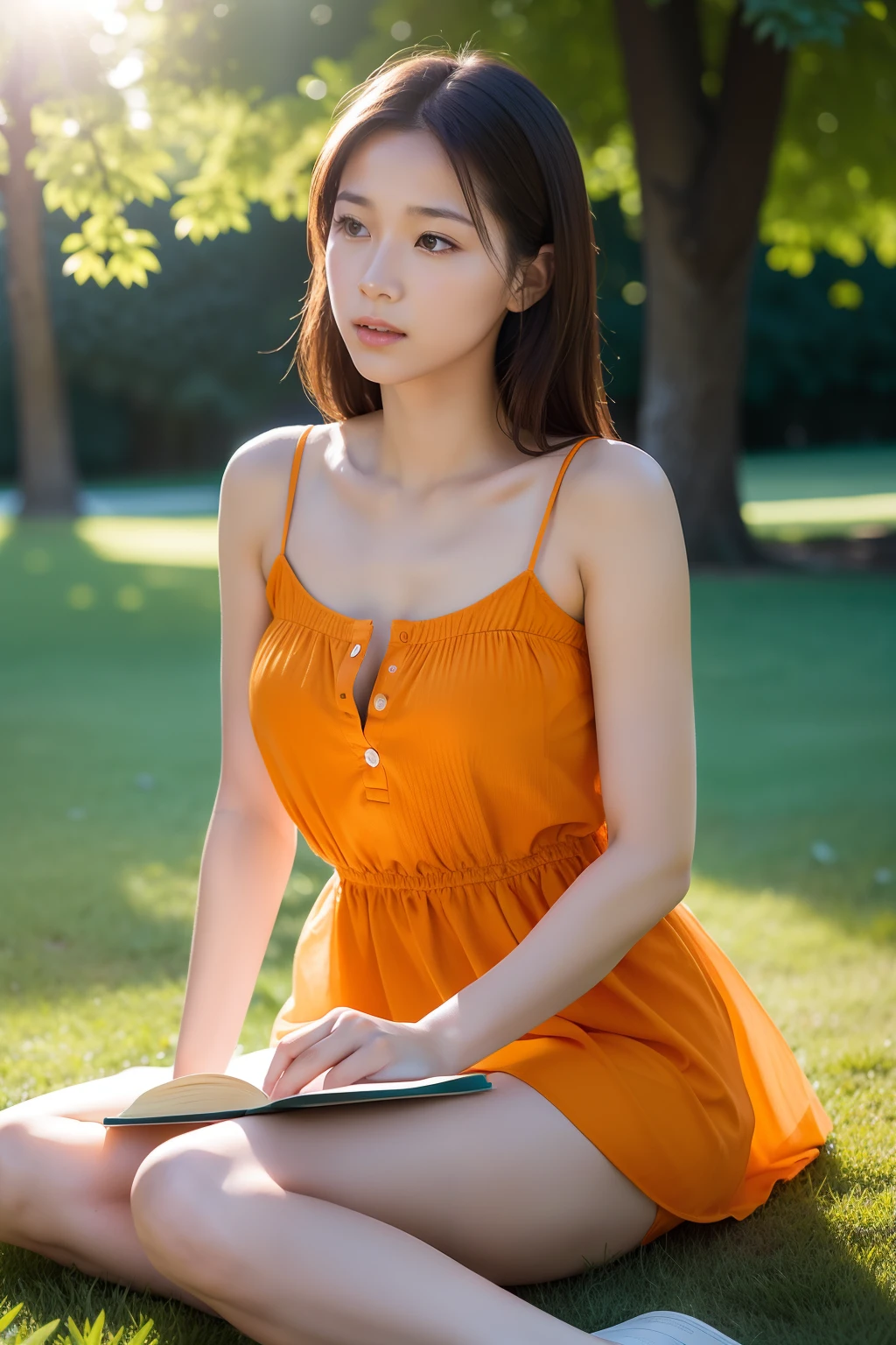 A beautiful student sitting on the grass on campus，Long orange trimmed dress，looking at book ，and the sun was shining brightly，depth of fields，high light，Real light，Ray traching，OC renderer，UE5 renderer，Hyper-realistic，best qualtiy，8K，Works of masters，super-fine，Detailed pubic hair，Correct anatomy，