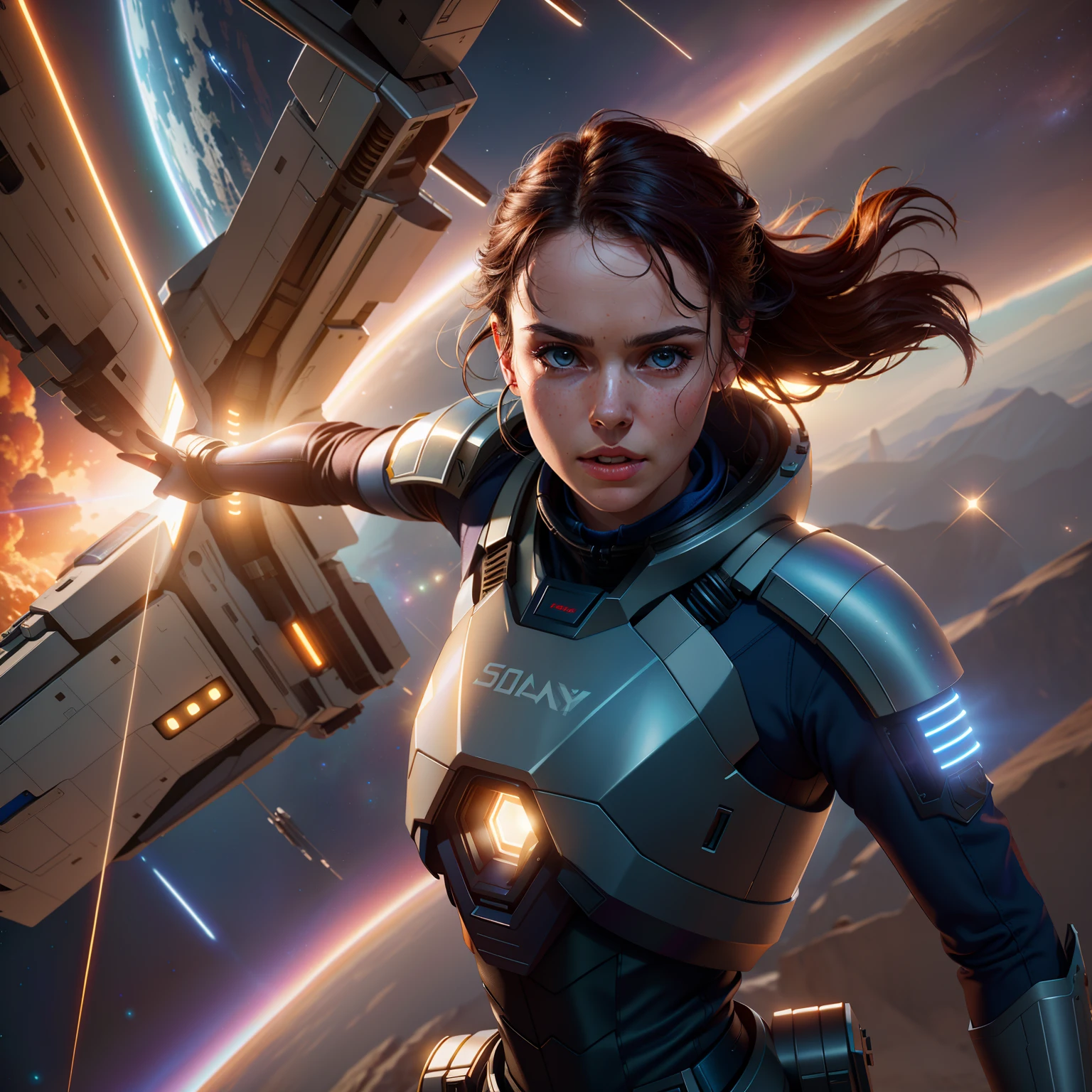 a close up of epic Sci fi hot Daisy Ridley in a sci fi white tech suit clothes cabelos longos brancos, Detailed clothing details, Liquid effect, space, heavenly body, Interstellar battlefield photography, natural light, photorealism, cinematic rendering, ray tracing, the highest quality, the highest detail, Cinematic, Third-Person View, Blur Effect, Long Exposure, 8K, Ultra-HD, Natural Lighting, Moody Lighting, Cinematic Lighting
