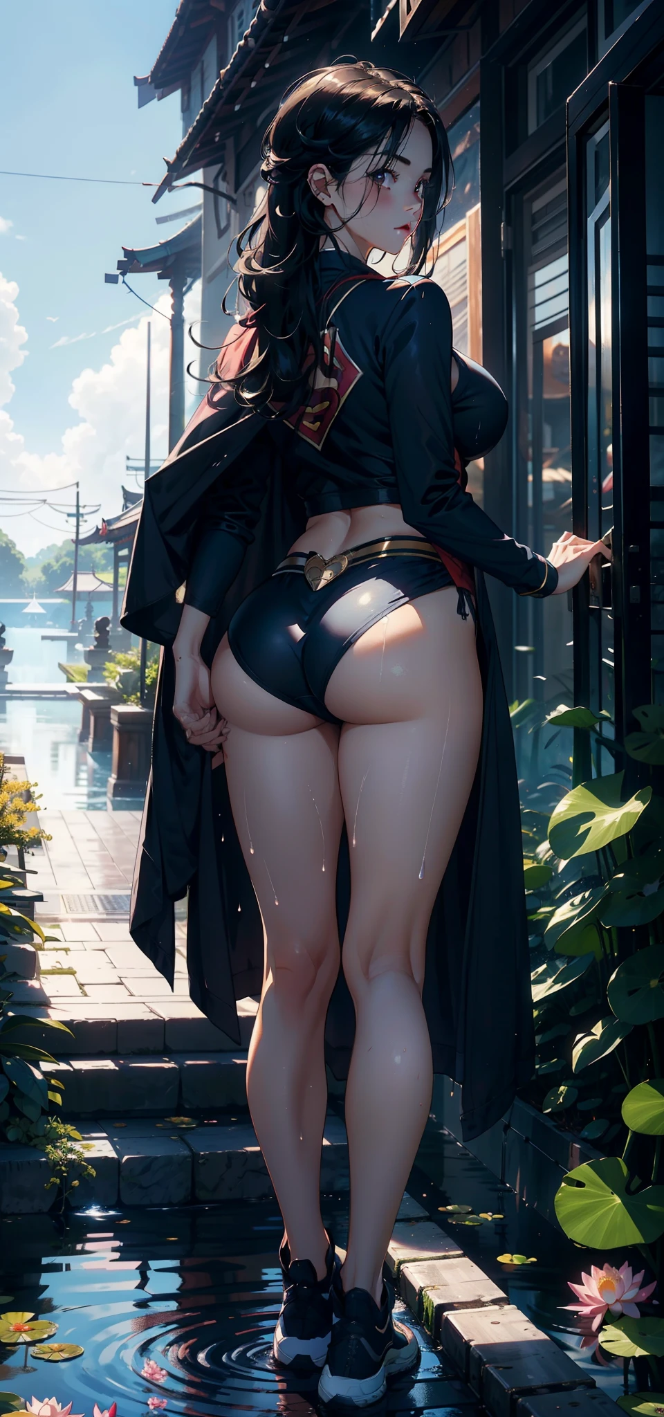 1female,41 years old,熟妇,Bigchest,long leges,Big breasts Thin waist,Pornographic exposure, 独奏,(Background with:bamboo forrest,lotuses,lotus flower,exteriors,Lotus pond) She has long black hair,standing on your feet,Sweat profusely,drenched all over the body,seen from the front, hair straight, mostly cloudy sky,(((tmasterpiece),(Very detailed CG unity 8K wallpaper),best qualtiy,cinmatic lighting,detailed back ground,beatiful detailed eyes,Bright pupils,Black eyes,(Very fine and beautiful),(Beautiful and detailed eye description),ultra - detailed,tmasterpiece,)),facing at camera,A high resolution,ultra - detailed),revealing breasts,Bare genitalia, Bulge,legs are open,Raised sexy,Camel toes,Flushed complexion,Open-mouthed,frontage,Supergirl,high school senior,(Wearing:Superman uniform,Cloak,Blue sailor uniform,athletic sneakers)Full body photo,Show shoes