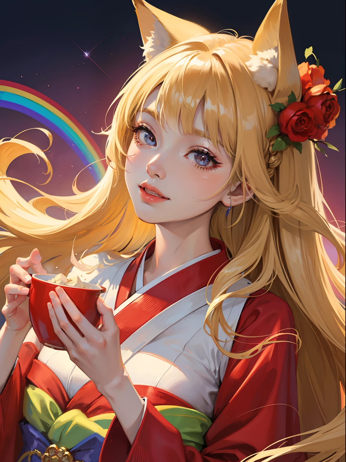 masutepiece, High resolution, 8K, anime woman, Delicate and detailed writing 、Detailed digital illustration、Very long hair and shiny、a very beautiful woman、Eyes are double, Large, Slender eyes、Bust is D cup、High image quality, High quality、Detailed background、I'm wearing a hair ornament.、Glittering background、The inside of the eye shines like a diamond、4 fingers, 1 thumb、Detailed female face、Smile、Very beautiful and cute woman、a blond、wearing red kimono、Cool Woman、Fox ears、lunch、Rainbow on background、Shining background、细致背景、masterpiece