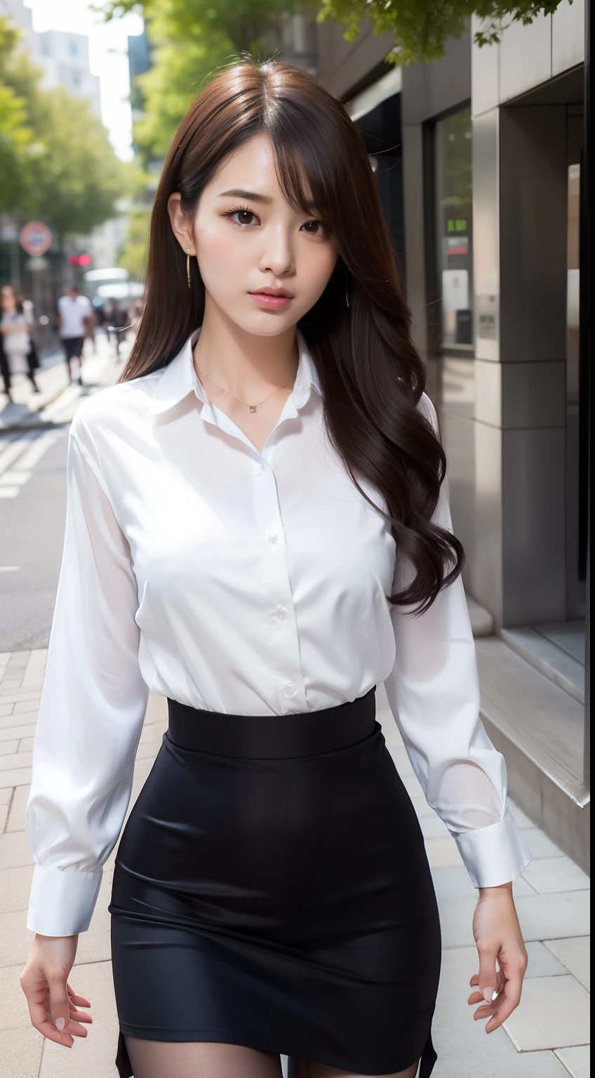 Beautuful Women，Bust，buisness suit，Suits，white  shirt，Skirt that wraps hips，Black silk pantyhose，street corner，stroll，depth of fields，high light，Real light，Ray traching，OC renderer，UE5 renderer，Hyper-realistic，best qualtiy，8K，Works of masters，super-fine，Detailed pubic hair，Correct anatomy，