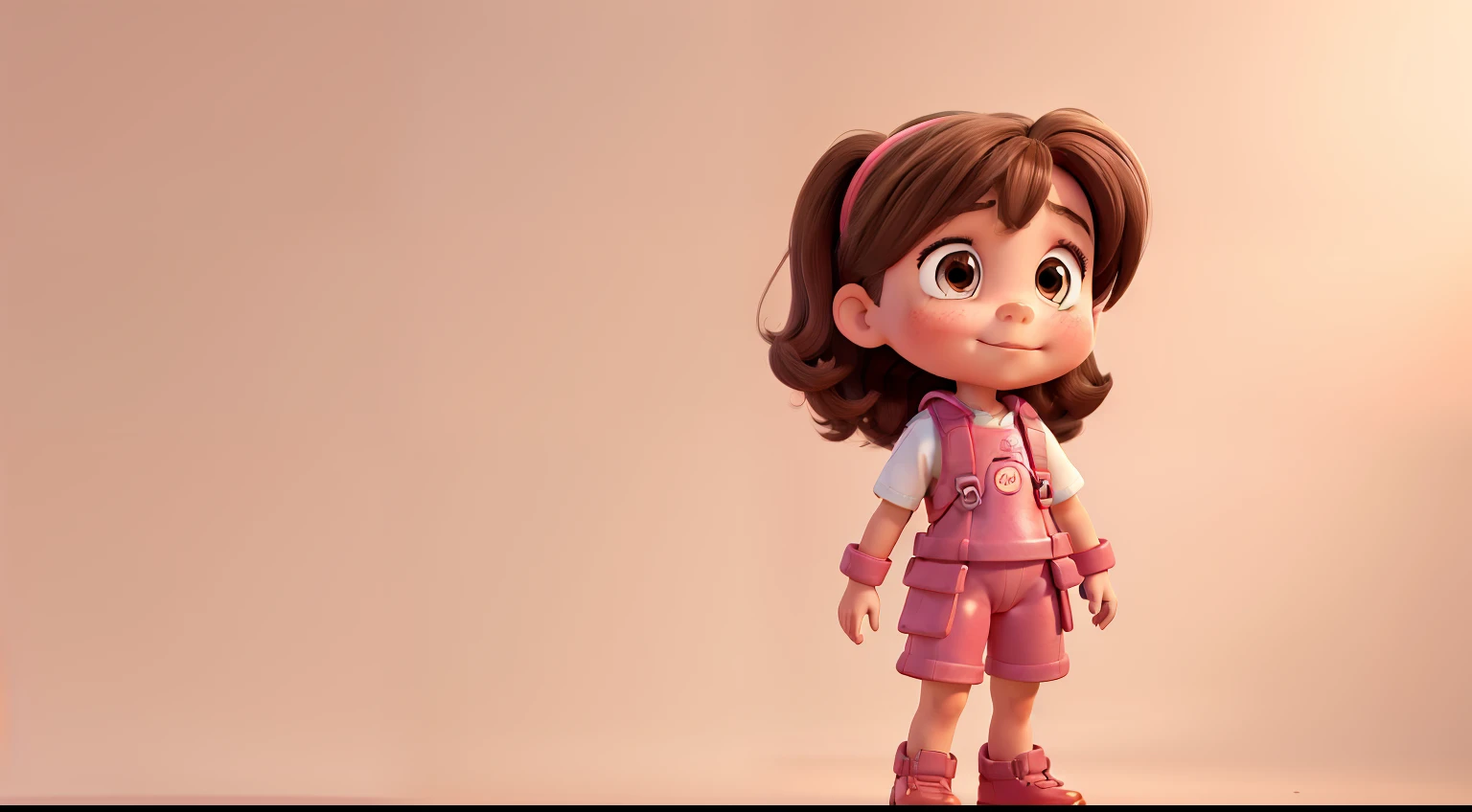 Frontal image of a 5--old l, standing, looking forward, with brown hair, brown eyes, rosy cheeks, arms open, legs spread apart, feet on the ground, clean background, diving goggles, pink diving suit, diving gloves, diving shoes, in a children's book illustration style, 2D.