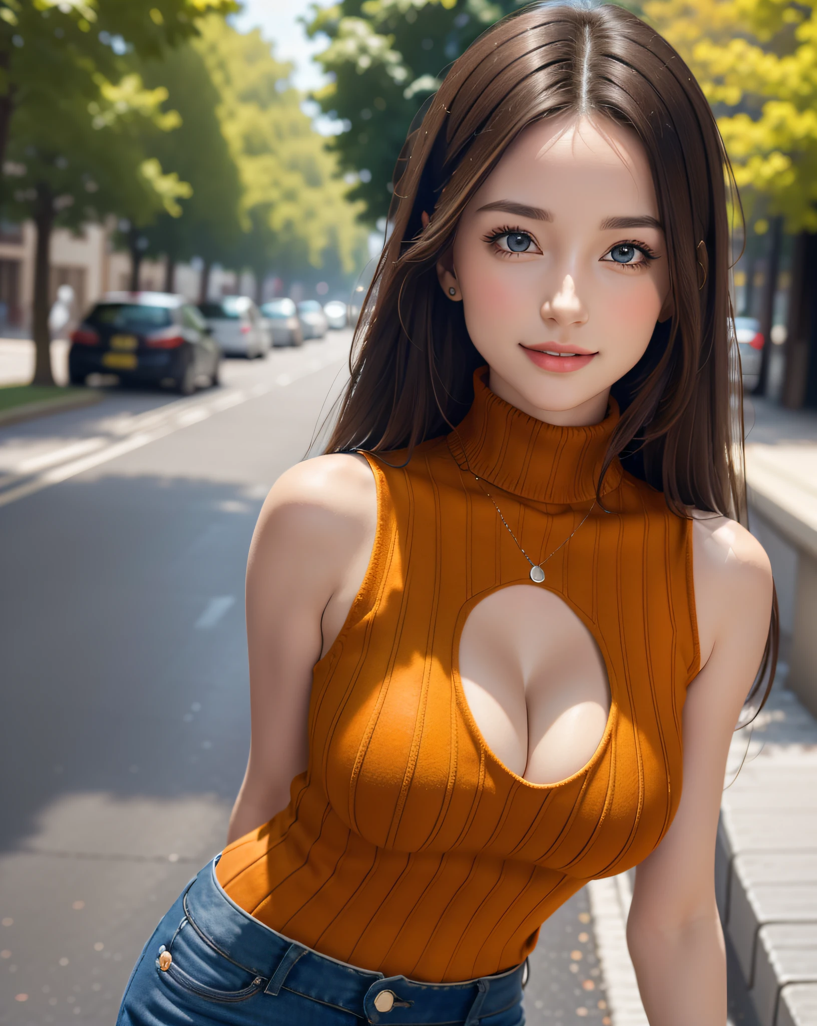 (1girl:1.3, solo), (Masterpiece, best quality, photorealistic, highres, photography, :1.3), ultra-detailed, sharp focus, professional photo, commercial photo, (upper body:1.3), BREAK, 1 brunette girl, solo, European girl, hot model, highly detailed eyes and pupils, realistic skin, (attractive body, medium-large breast:1.25, cleavage), extremely detailed hair, delicate sexy face, sensual gaze, shiny lips, BREAK, ((wearing a deep-orange turtleneck sweater:1.3, sleeveless, shorts)), (outdoor, London street, blurry background, simple background), (standing, attractive posing, arms down, arms behind back), ((realistic, super realistic, realism, realistic detail)), perfect anatomy, perfect proportion, bokeh, depth of field, hyper sharp image, (attractive emotion, seductive smile, :d, ;p),