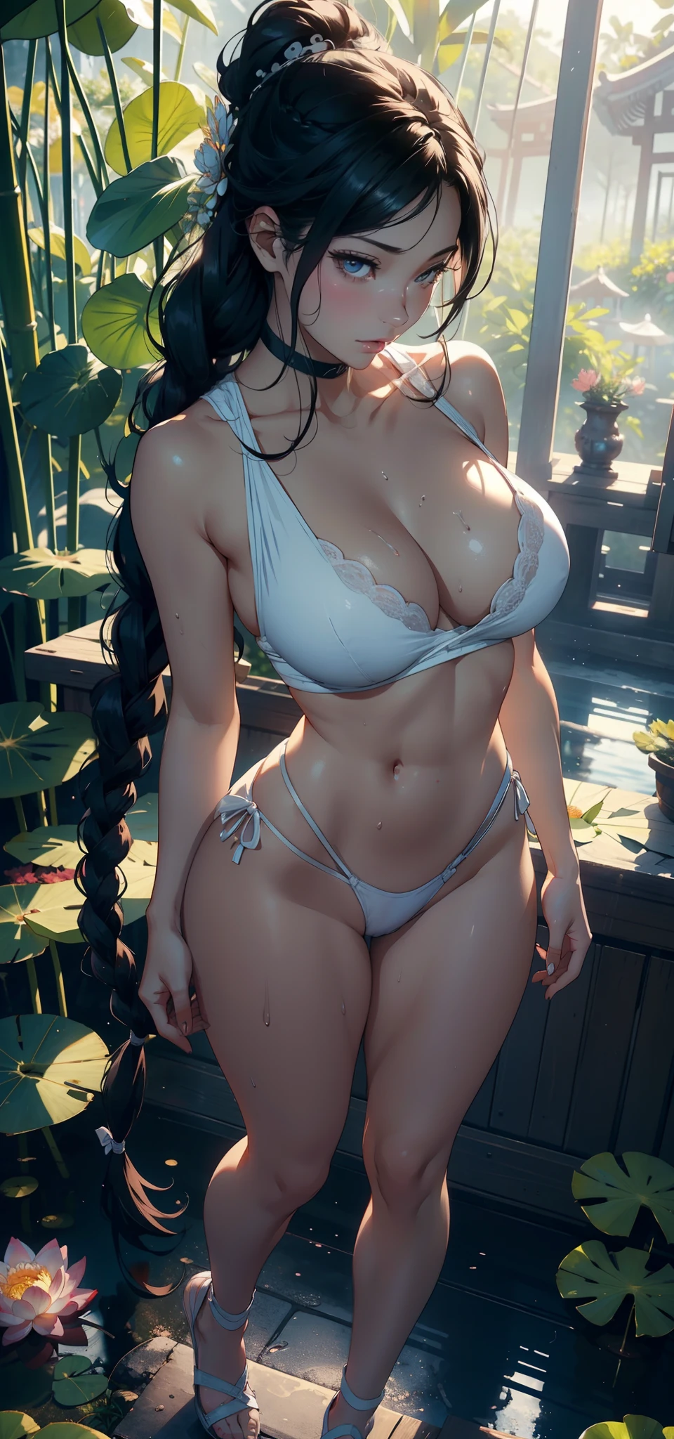 1female,35yo,熟妇,long leges,Big breasts Thin waist,Slim,huge-breasted ,Pornographic exposure, 独奏,(Background with:bamboo forrest,lotuses,lotus flower,exteriors,Lotus pond) She has short black hair,Twist braids,standing on your feet,Sweat profusely,drenched all over the body,seen from the front, hair straight, mostly cloudy sky,(((tmasterpiece),(Very detailed CG unity 8K wallpaper),best qualtiy,cinmatic lighting,detailed back ground,beatiful detailed eyes,Bright pupils,Black eyes,(Very fine and beautiful),(Beautiful and detailed eye description),ultra - detailed,tmasterpiece,)),facing at camera,A high resolution,ultra - detailed),revealing breasts,Bare genitalia, Bulge,legs are open,Raised sexy,Camel toes,Flushed complexion,Open-mouthed,frontage,White floral headband(Wearing:sexy shorts,Protruding )Full body photo,Show shoes