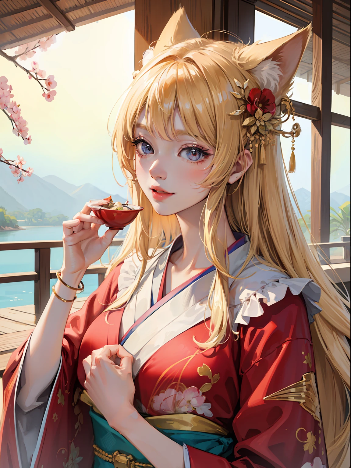 masutepiece, High resolution, 8K, anime woman, Delicate and detailed writing 、Detailed digital illustration、Very long hair and shiny、a very beautiful woman、Eyes are double, Large, Slender eyes、Bust is D cup、High image quality, High quality、Detailed background、I'm wearing a hair ornament.、Glittering background、The inside of the eye shines like a diamond、4 fingers, 1 thumb、Detailed female face、Smile、Very beautiful and cute woman、a blond、wearing red kimono、Cool Woman、Fox ears、lunch、Rainbow on background、shining background、细致背景、masterpiece