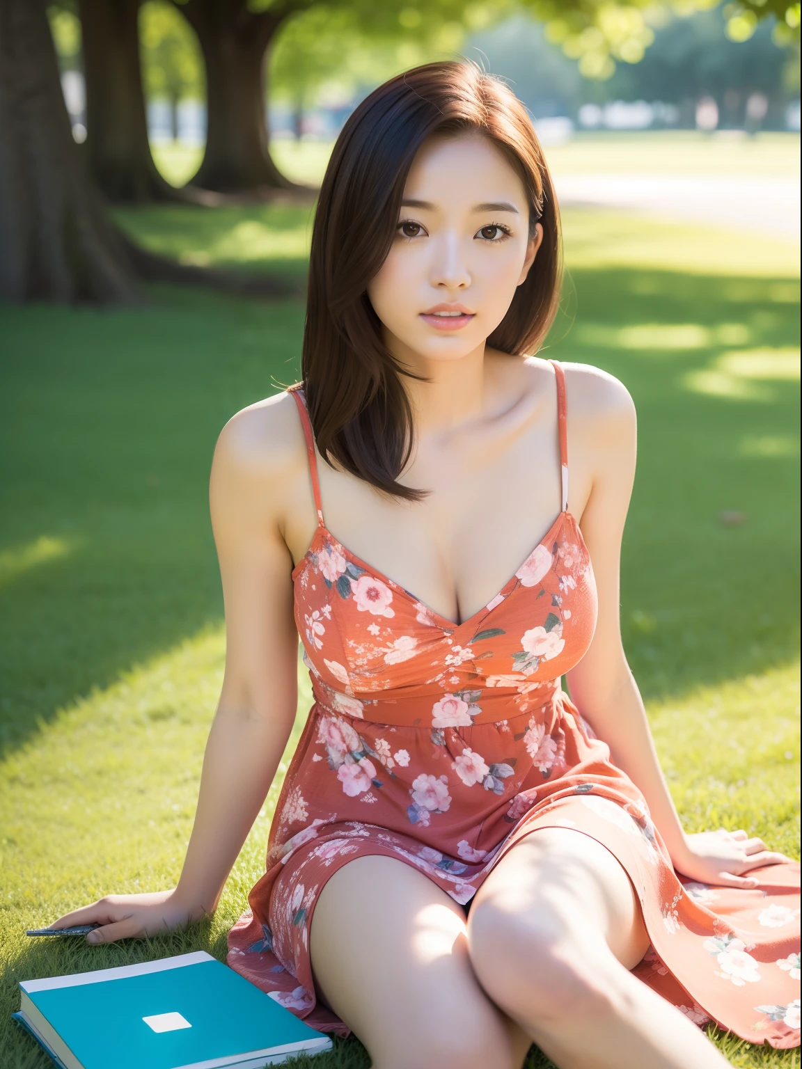 A beautiful student sitting on the grass of the campus，Long orange floral dress，looking at book ，and the sun was shining brightly，depth of fields，high light，Real light，Ray traching，OC renderer，UE5 renderer，Hyper-realistic，best qualtiy，8K，Works of masters，super-fine，Detailed pubic hair，Correct anatomy，