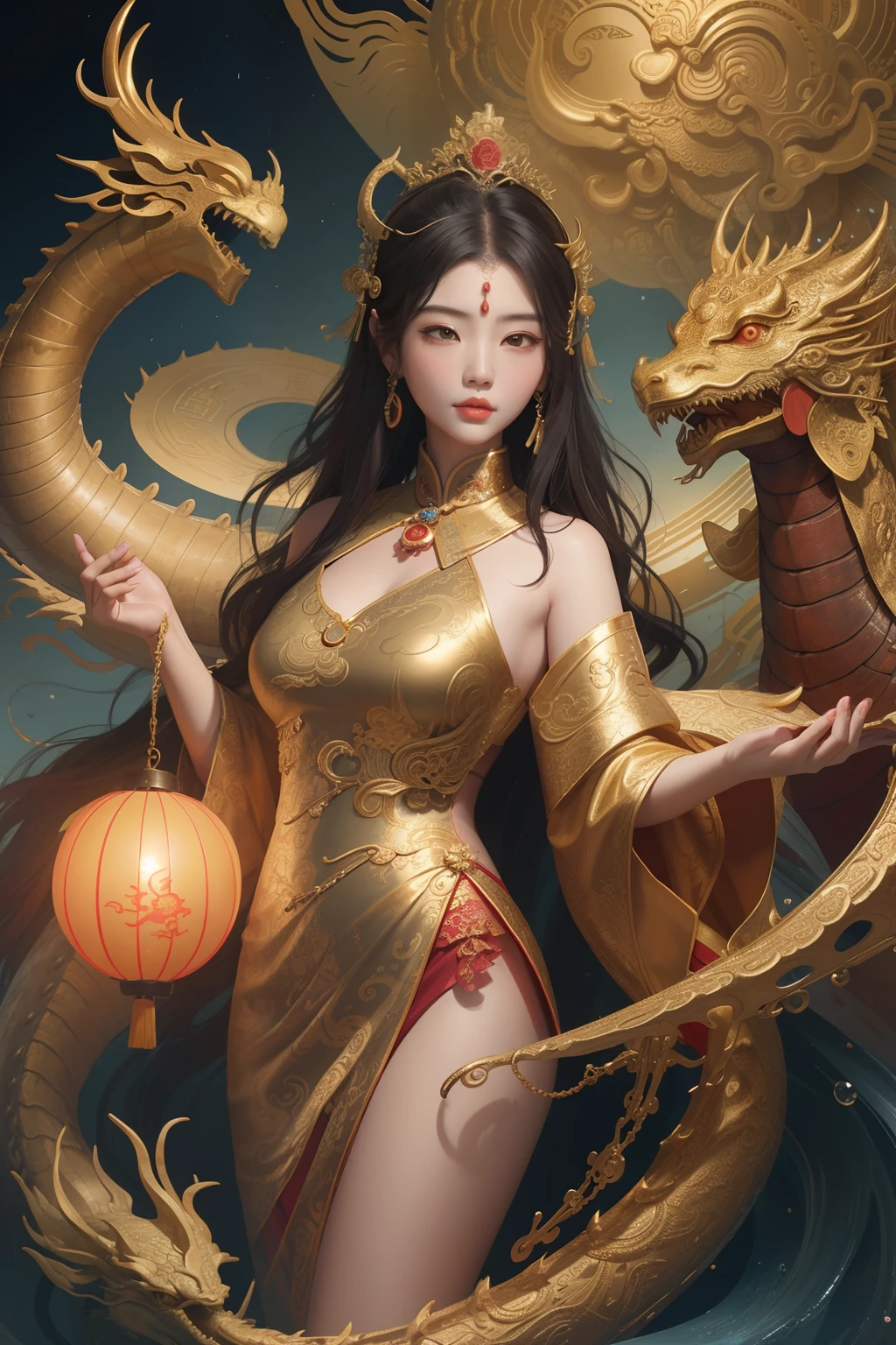 (((Chinese 1girl))), 25 years old, smiling, red lib, hourglass figure, (((Gold Dragon Tattoo cover on breasts))), (((NSFW))), no text, black hair, (((Gold dragon TATOO))), (((gold dragon and red background))),