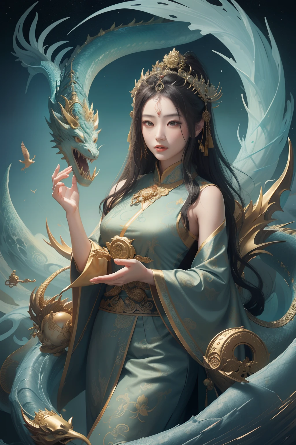 an ancient Chinese goddess, guanyin of the southern seas, Guanyin, Inspired by China, Avalokiteshvara rides a dragon，,Serene expression,shui mo hua,Buddha,Buddhist,Lotus,Chinese painting style,Thangka style