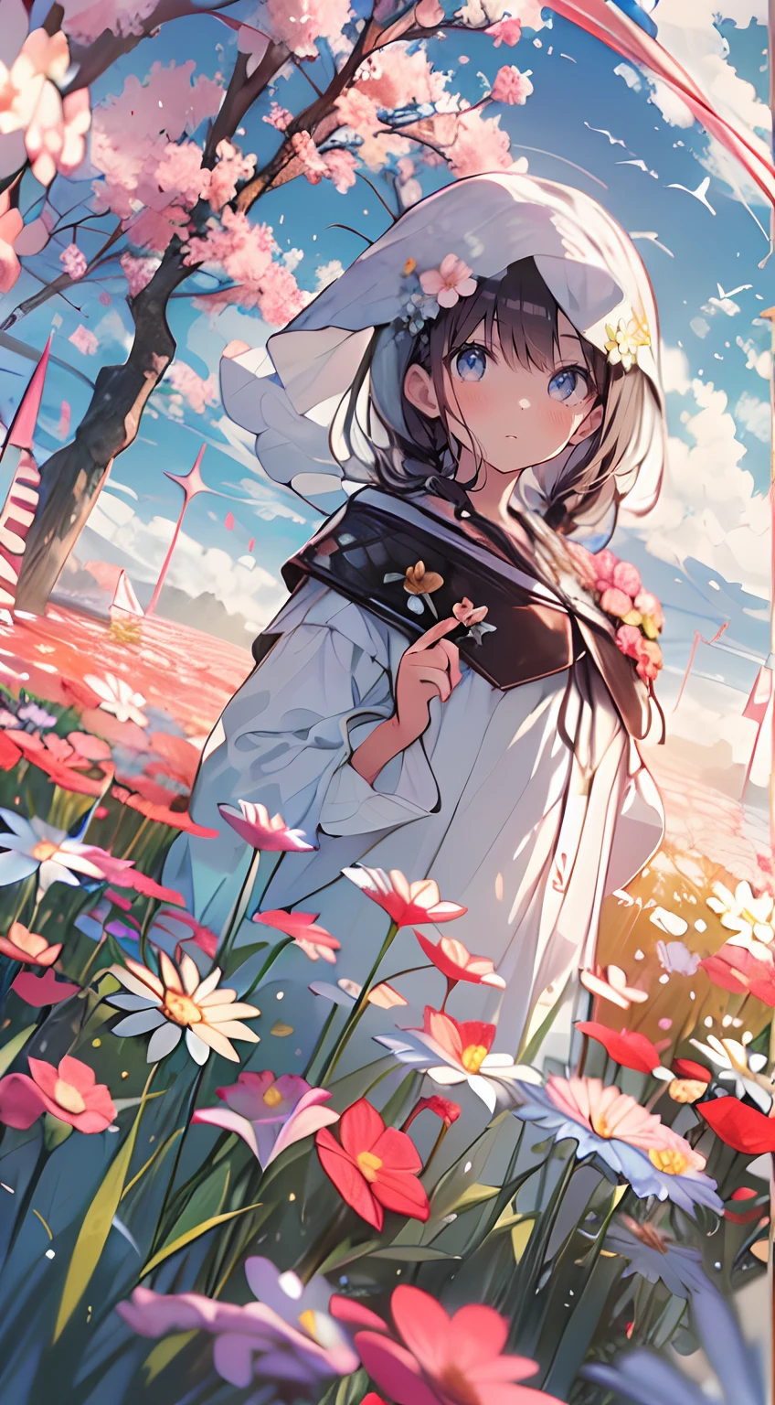 masutepiece, Best Quality,Illustration, Wallpaper, Ultra Detail, Absurd beauty、1 beautiful girl、 (Middle hair、short braided hair), Beautiful ultra-detailed eyes , Hair fluttering in the wind、Keep your head small、flower field、great outdoors、Landscape of the flower garden