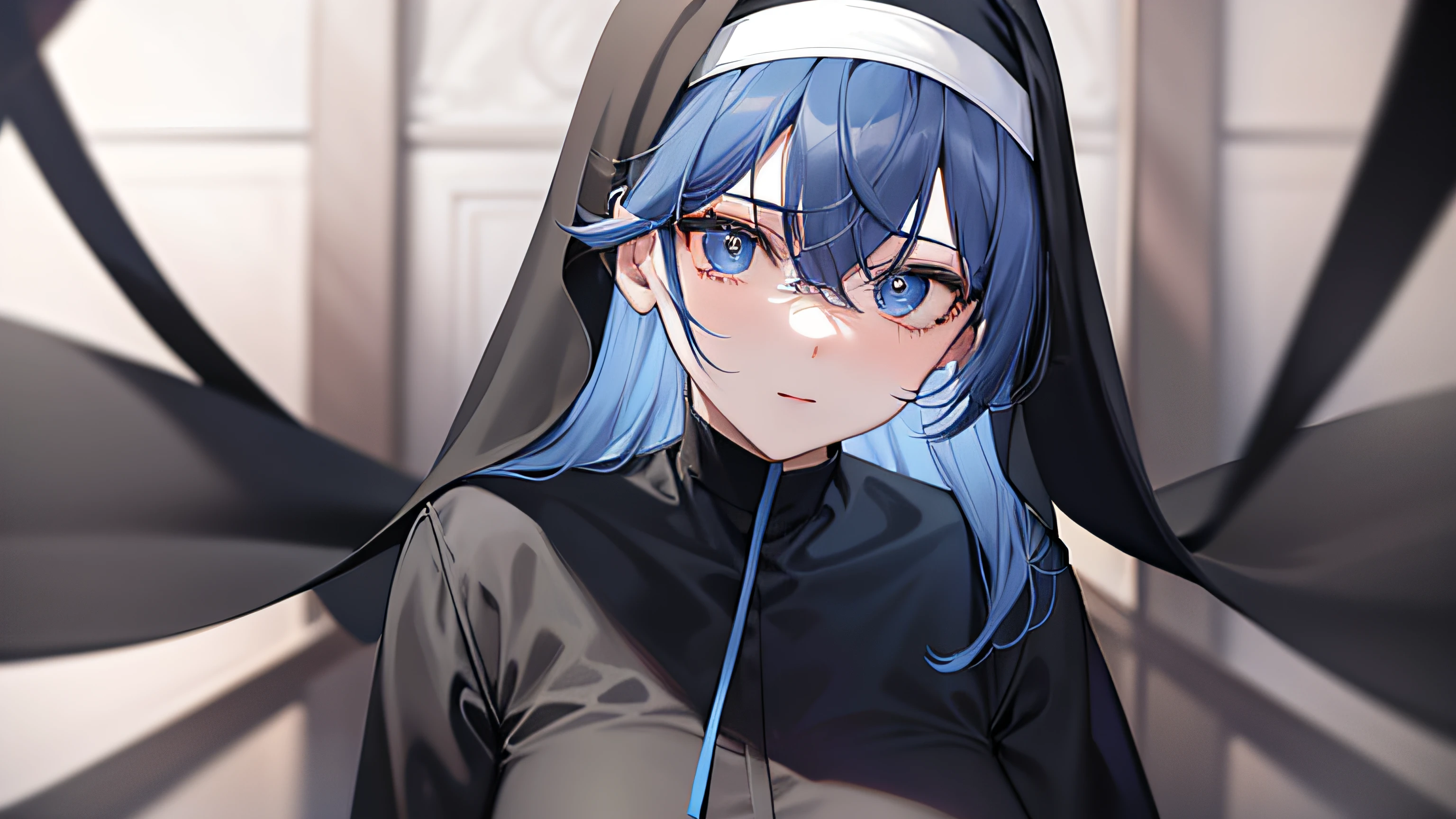 Masterpiece, high definition, plain black nun outfit, blue hair