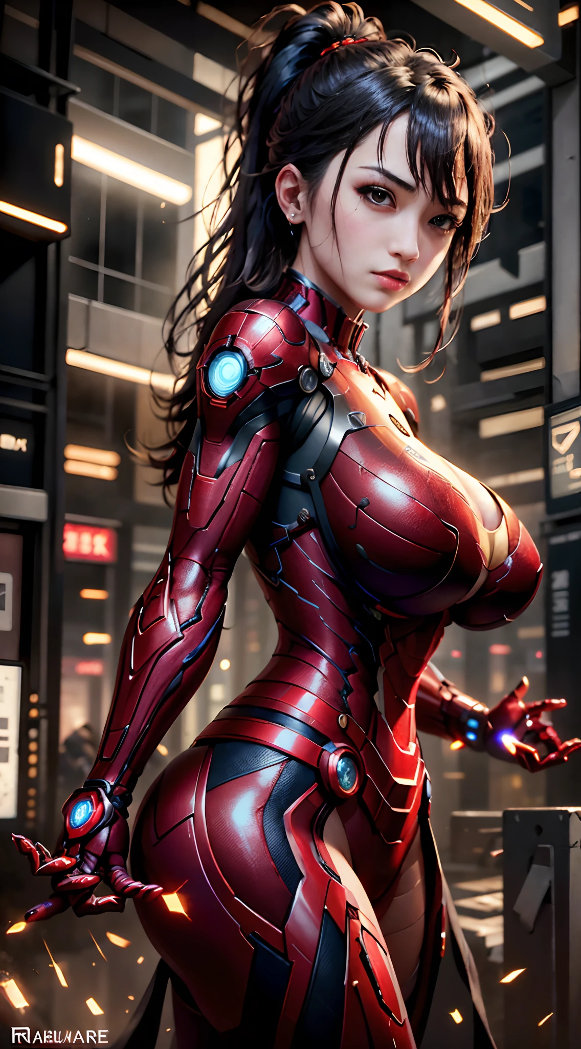 8K，realisticlying，Glamorous，The is very detailed，A 20-year-old girl,(((huge tit))),(((Ridiculously big breasts))),a sexy and charming woman,(((huge tit))), (((Ridiculously big breasts))),inspired by Iron Man，(((huge tit))),(((Ridiculously big breasts))),Wearing a shiny Iron Man mech。She dresses to show sexiness and confidence，It perfectly interprets the power and charm of Iron Man。Abandoned warehouse as background，It creates a unique atmosphere，Highlight her bravery and perseverance。Buildings、Small building on the street，Exudes cyberpunk charm，The glow of neon lights outlines the city，It brings out the great power and personality of Iron Man。This one is high definition、High-quality images will give you a stunning visual enjoyment，Will be sexy、Futuristic and sci-fi elements are a perfect combination。oc rendered，dramatic lights，Award-winning quality,(((huge tit))),(((Ridiculously big breasts))),