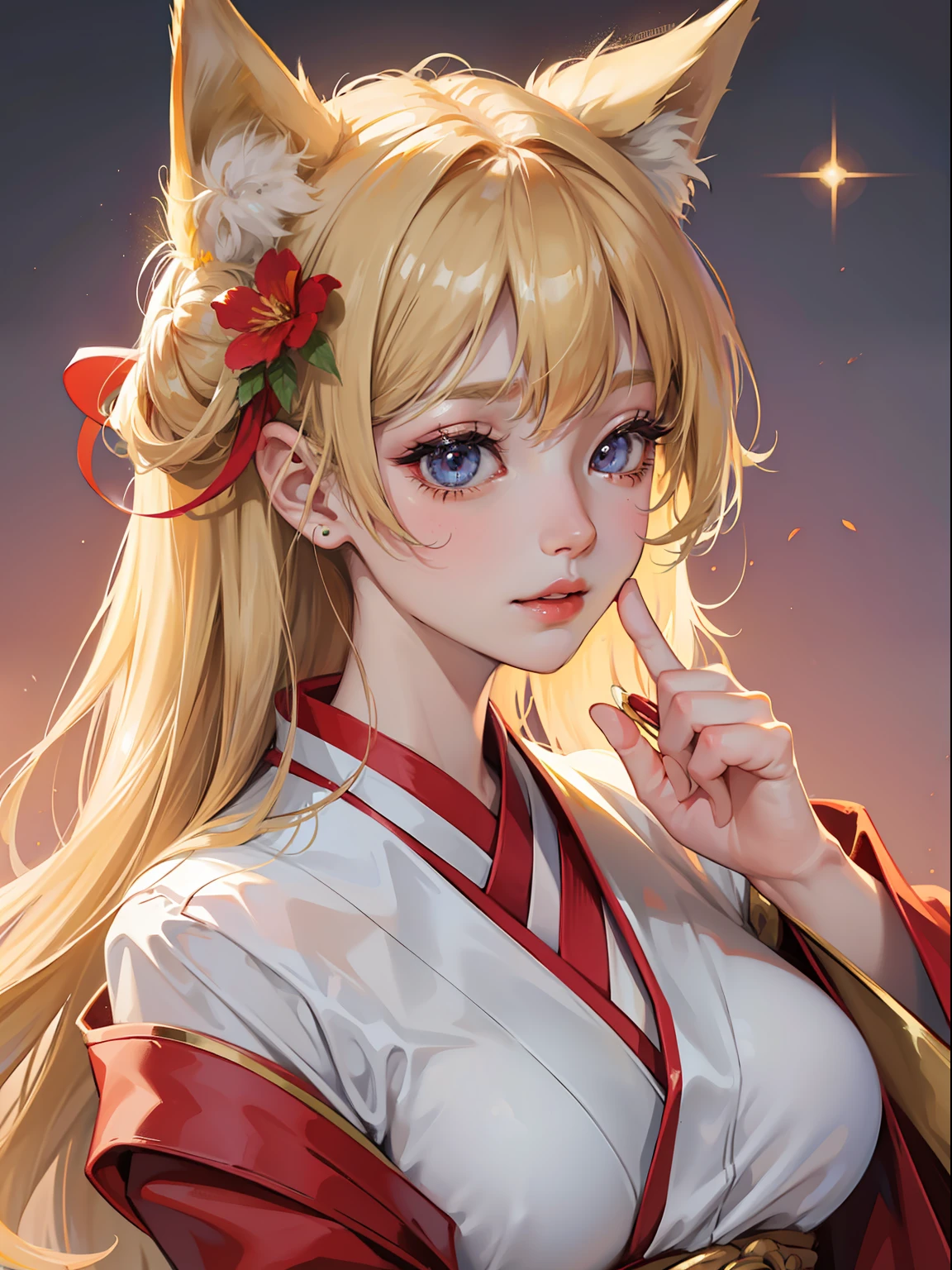 masutepiece, High resolution, 8K, anime woman, Delicate and detailed writing 、Detailed digital illustration、Very long hair and shiny、a very beautiful woman、Eyes are double, Large, Slender eyes、Bust is D cup、High image quality, High quality、Detailed background、I'm wearing a hair ornament.、Glittering background、The inside of the eye shines like a diamond、4 fingers, 1 thumb、Detailed female face、Smile、Very beautiful and cute woman、a blond、wearing red kimono、Cool Woman、Fox ears、lunch、Rainbow on background、shining background、细致背景、​masterpiece、soft focus , light gradation watercolor , lens flare , glitter , glow , dreamy , white background