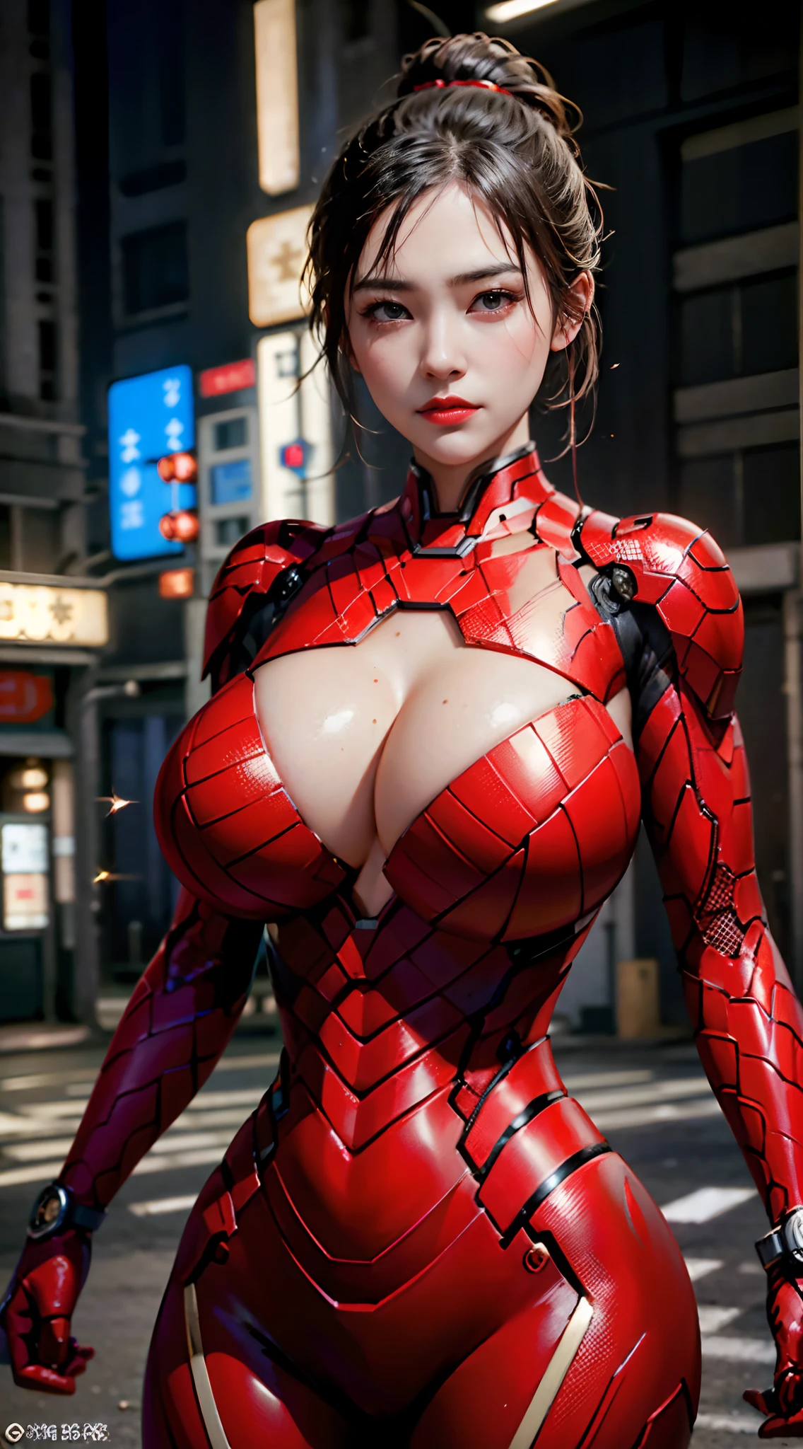 8K,realisticlying,Glamorous,The is very detailed,A 20-year-old girl,(((huge tit))),(((Ridiculously big breasts))),a sexy and charming woman,(((huge tit))), (((Ridiculously big breasts))),inspired by Iron Man,(((huge tit))),(((Ridiculously big breasts))),Wearing a shiny Iron Man mech。She dresses to show sexiness and confidence,It perfectly interprets the power and charm of Iron Man。Abandoned warehouse as background,It creates a unique atmosphere,Highlight her bravery and perseverance。Buildings、Small building on the street,Exudes cyberpunk charm,The glow of neon lights outlines the city,It brings out the great power and personality of Iron Man。This one is high definition、High-quality images will give you a stunning visual enjoyment,Will be sexy、Futuristic and sci-fi elements are a perfect combination。oc rendered,dramatic lights,Award-winning quality,(((huge tit))),(((Ridiculously big breasts))),