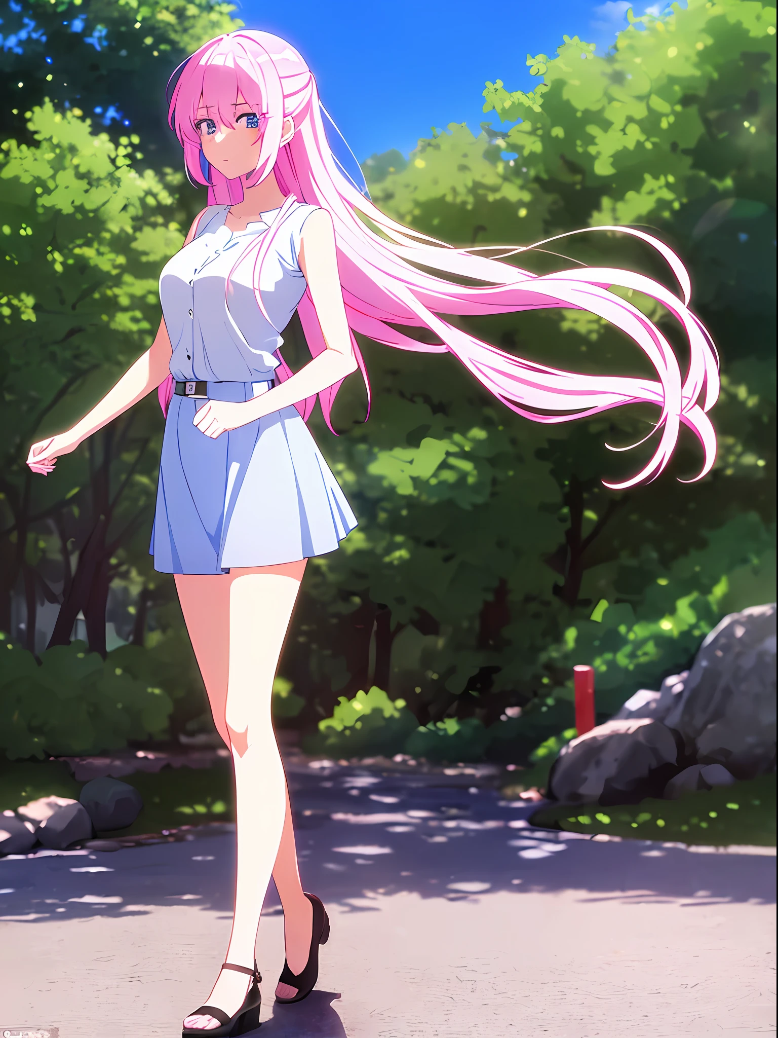 (Top Quality, 8K, masutepiece: 1.3), Beauty, (1 girl:1.3), (solo:1.3), full body:1.3, Beautiful: 1.3, A slender : 1.1, Beautiful lighting, Casual Wear, Mini Skirt, (Breasts),Walking, In the park, Looking at Viewer