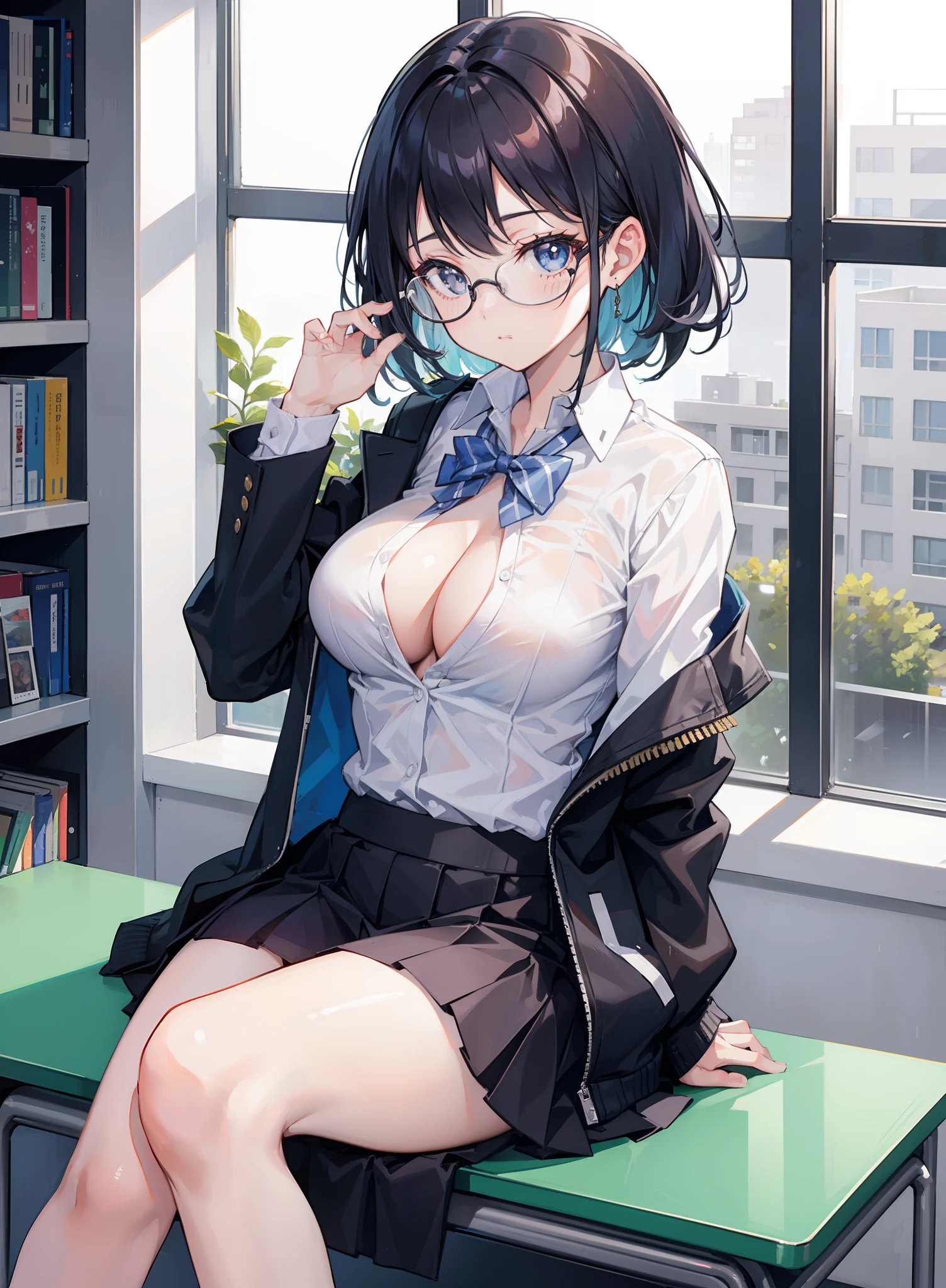 1girl, reading a book, in the classroom with a window, beautiful breasts, glasses, looking at the viewer, unbuttoned