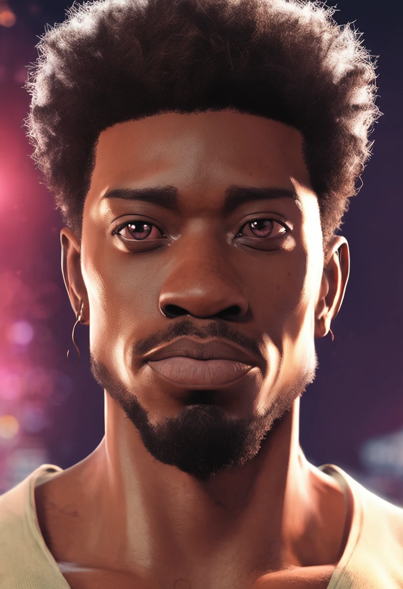 Close-up face portrait of a 33-year-old black man with strong expressions, soft smooth skin, Fantastic Big Eyes, beautiful intricate, Symmetrical medium color hair, Keep your eyes open for anime, Soft lighting, Detailed face, By Makoto Shinkai, Stanley Ateg Liu, Phlegm sputum, phlegm, rossdraws, concept-art, Digital painting, looking at the camera in