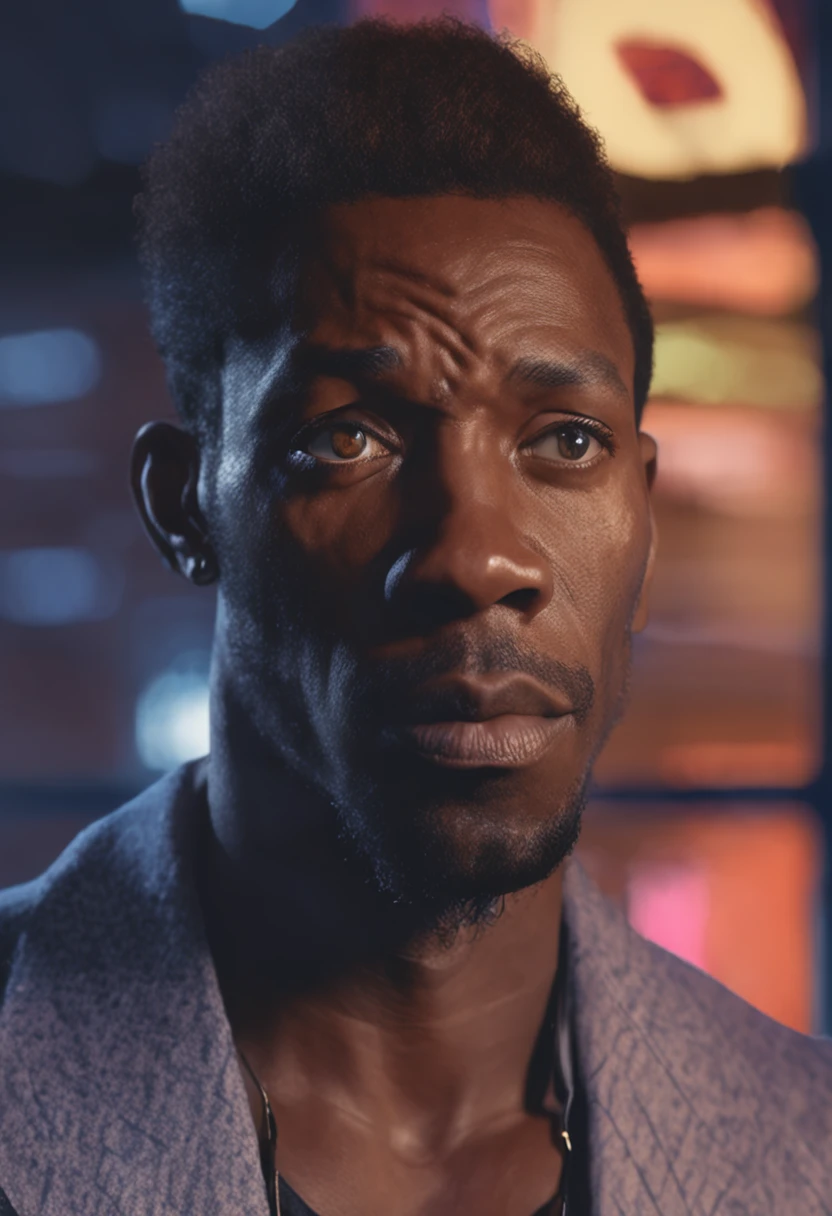 Close-up face portrait of a 33-year-old black man with strong expressions, soft smooth skin, Fantastic Big Eyes, beautiful intricate, Symmetrical medium color hair, Keep your eyes open for anime, Soft lighting, Detailed face, By Makoto Shinkai, Stanley Ateg Liu, Phlegm sputum, phlegm, rossdraws, concept-art, Digital painting, looking at the camera in