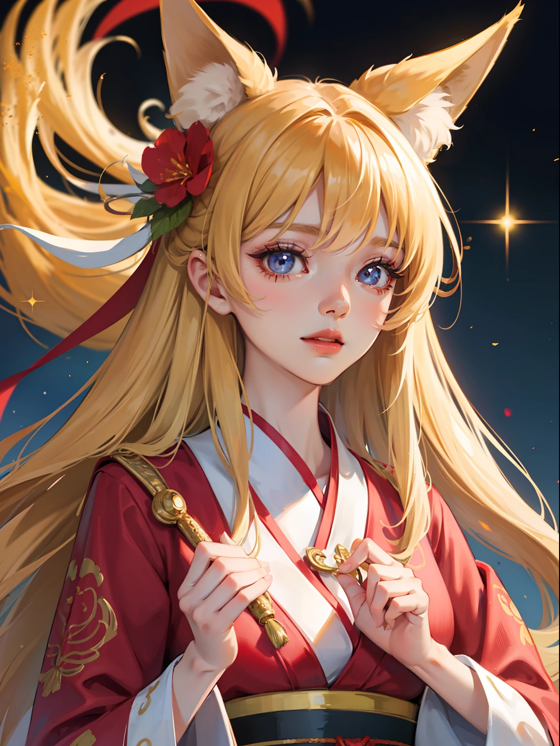 masutepiece, High resolution, 8K, anime woman, Delicate and detailed writing 、Detailed digital illustration、Very long hair and shiny、a very beautiful woman、Eyes are double, Large, Slender eyes、Bust is D cup、High image quality, High quality、Detailed background、I'm wearing a hair ornament.、Glittering background、The inside of the eye shines like a diamond、4 fingers, 1 thumb、Detailed female face、Smile、Very beautiful and cute woman、a blond、wearing red kimono、Cool Woman、Fox ears、Rainbow on background、细致背景、masterpiece、Soft Focus , Bright gradient watercolor , Lens Flare , Glitter , Glow , Dreamy , Very clear and beautiful morning sky background