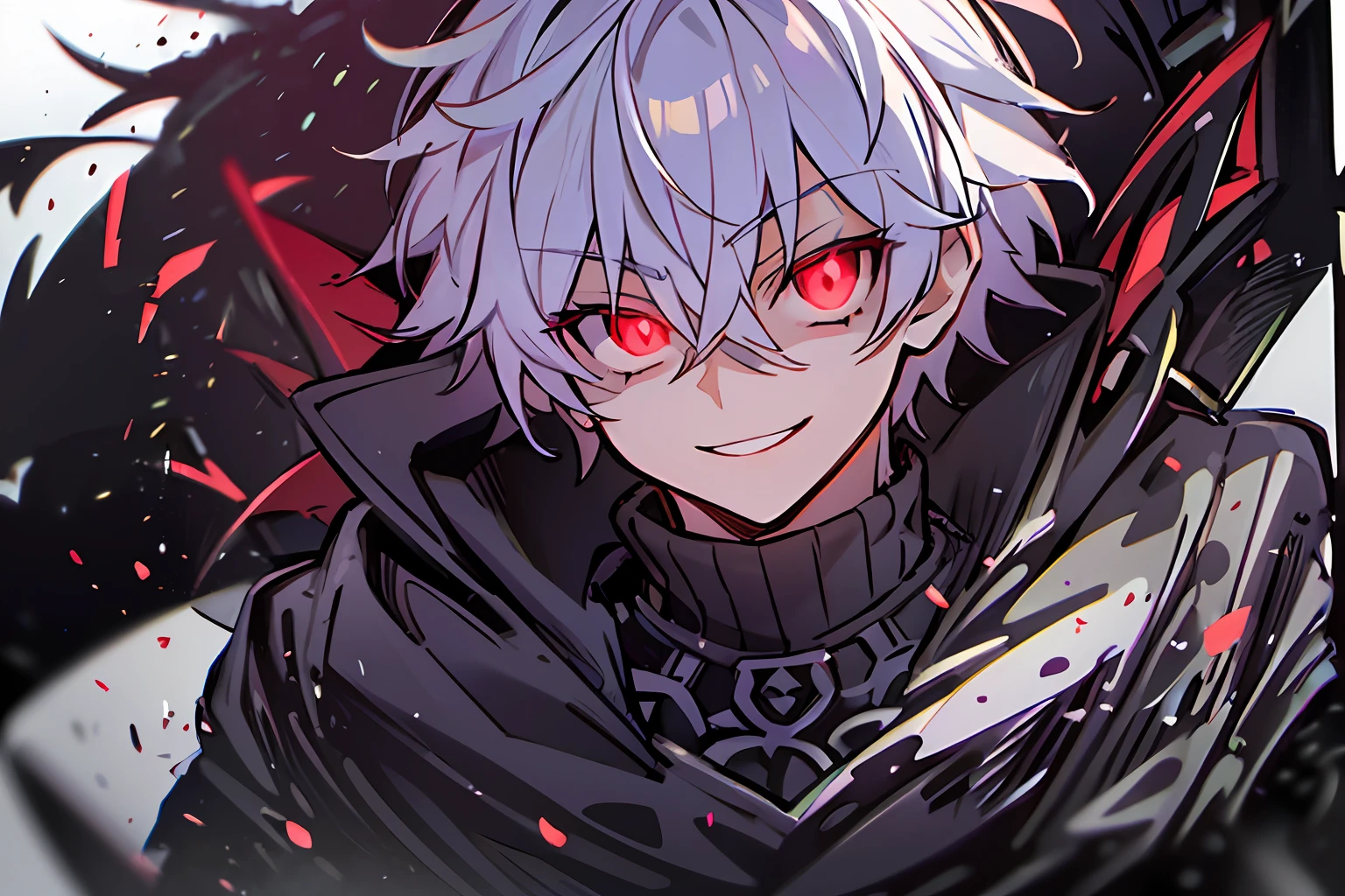 hight resolution,Anime boy with white hair and red eyes stares at camera, Glowing red eyes,slim, dressed in a black outfit,Shadow Body,monochromes,hair messy,Aggressive smile,a throne