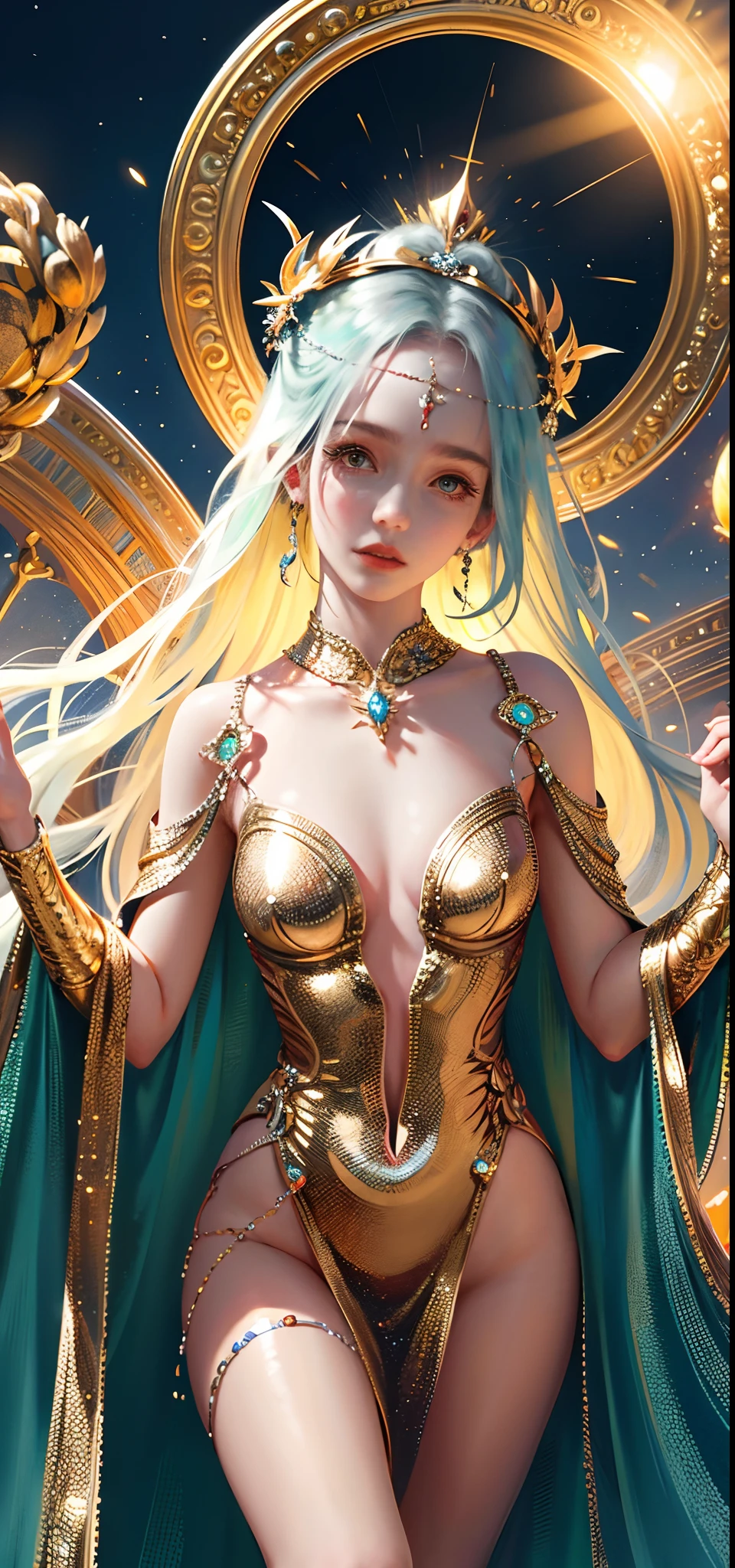 ((Best quality)), ((Masterpiece)), ((Realistic)), Portrait 1 girl, Celestial, deity, Goddess, Light particles, Halo, view the viewer,Firm eyes on bare shoulders, (Bio-luminescence:0.95) Ocean, Bio-luminescence, Goddess dress, vibrant, Colourful, Color, (Glowing, Glow), (Beautiful composition), Cinematic lighting, Intricate, (Symmetrical:0.5), Whimsical,