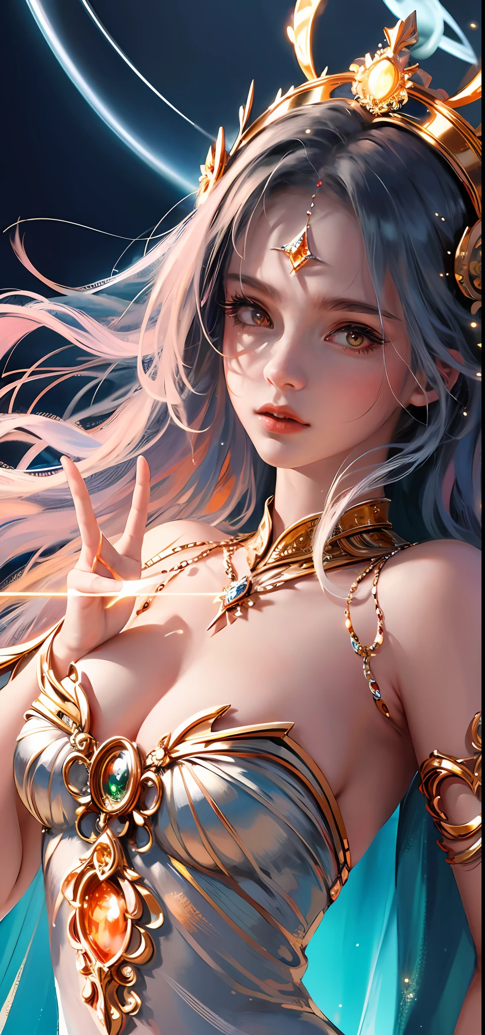 ((Best quality)), ((Masterpiece)), ((Realistic)), Portrait 1 girl, Celestial, deity, Goddess, Light particles, Halo, view the viewer,Firm eyes on bare shoulders, (Bio-luminescence:0.95) Ocean, Bio-luminescence, Goddess dress, vibrant, Colourful, Color, (Glowing, Glow), (Beautiful composition), Cinematic lighting, Intricate, (Symmetrical:0.5), Whimsical,