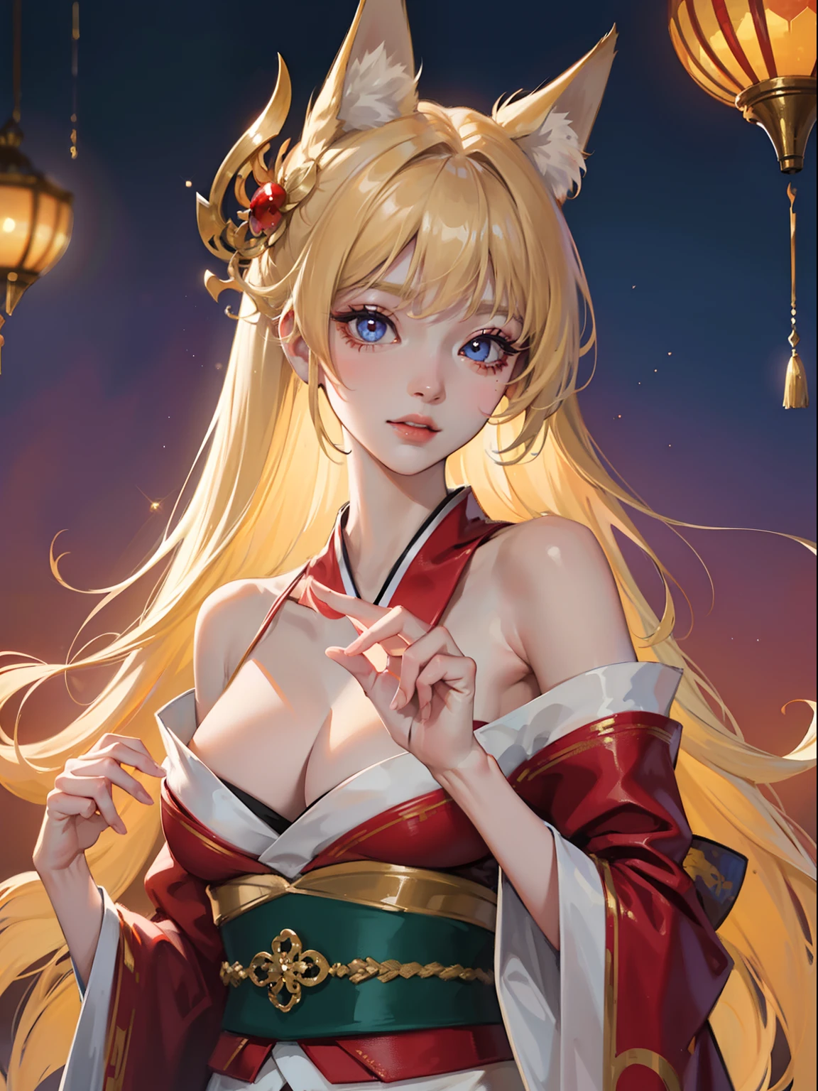 masutepiece, High resolution, 8K, anime woman, Delicate and detailed writing 、Detailed digital illustration、Very long hair and shiny、a very beautiful woman、Eyes are double, Large, Slender eyes、Bust is D cup、High image quality, High quality、Detailed background、I'm wearing a hair ornament.、Glittering background、The inside of the eye shines like a diamond、4 fingers, 1 thumb、Detailed female face、Smile、Very beautiful and cute woman、a blond、wearing red kimono、Cool Woman、Fox ears、Rainbow on background、细致背景、​masterpiece、Soft Focus , Bright gradient watercolor , Lens Flare , Glitter , Glow , Dreamy , Very clear and beautiful morning sky background