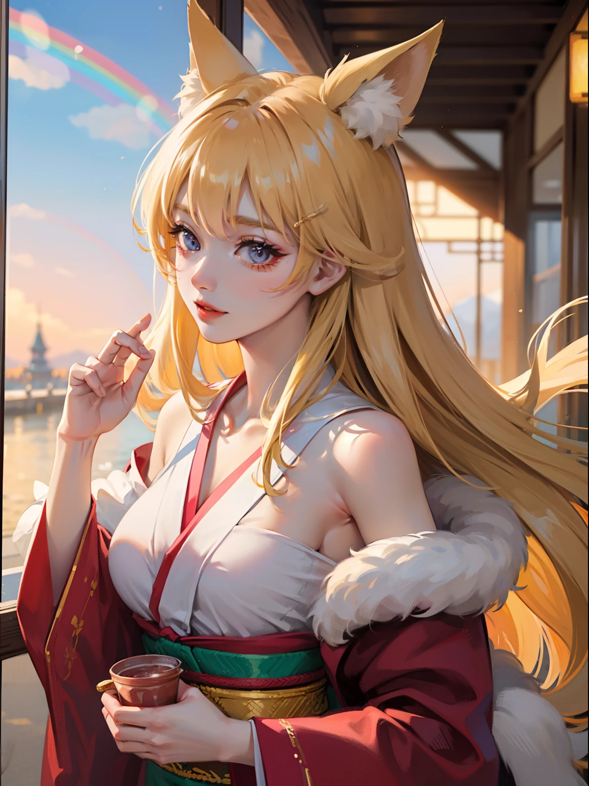 masutepiece, High resolution, 8K, anime woman, Delicate and detailed writing 、Detailed digital illustration、Very long hair and shiny、a very beautiful woman、Eyes are double, Large, Slender eyes、Bust is D cup、High image quality, High quality、Detailed background、I'm wearing a hair ornament.、Glittering background、The inside of the eye shines like a diamond、4 fingers, 1 thumb、Detailed female face、Smile、Very beautiful and cute woman、a blond、wearing red kimono、Cool Woman、Fox ears、Rainbow on background、细致背景、masterpiece、Soft Focus , Bright gradient watercolor , Lens Flare , Glitter , Glow , Dreamy , Very clear and beautiful morning sky background