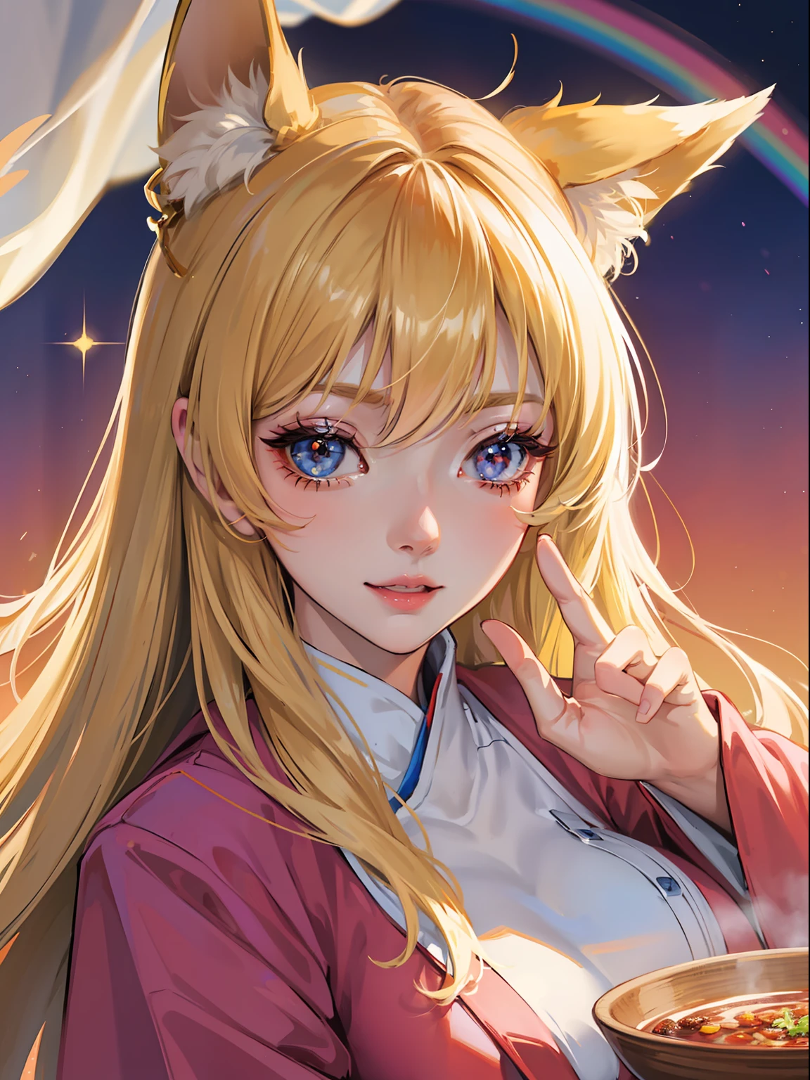 masutepiece, High resolution, 8K, anime woman, Delicate and detailed writing 、Detailed digital illustration、Very long hair and shiny、a very beautiful woman、Eyes are double, Large, Slender eyes、Bust is D cup、High image quality, High quality、Detailed background、I'm wearing a hair ornament.、Glittering background、The inside of the eye shines like a diamond、4 fingers, 1 thumb、Detailed female face、Smile、Very beautiful and cute woman、a blond、wearing red kimono、Cool Woman、Fox ears、Rainbow on background、细致背景、masterpiece、Soft Focus , Bright gradient watercolor , Lens Flare , Glitter , Glow , Dreamy , Very clear and beautiful morning sky background