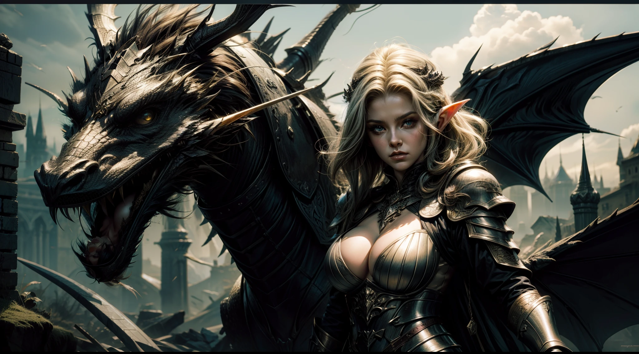 Female elf，Large breasts，Black armor，dramatics，Fly on a dragon